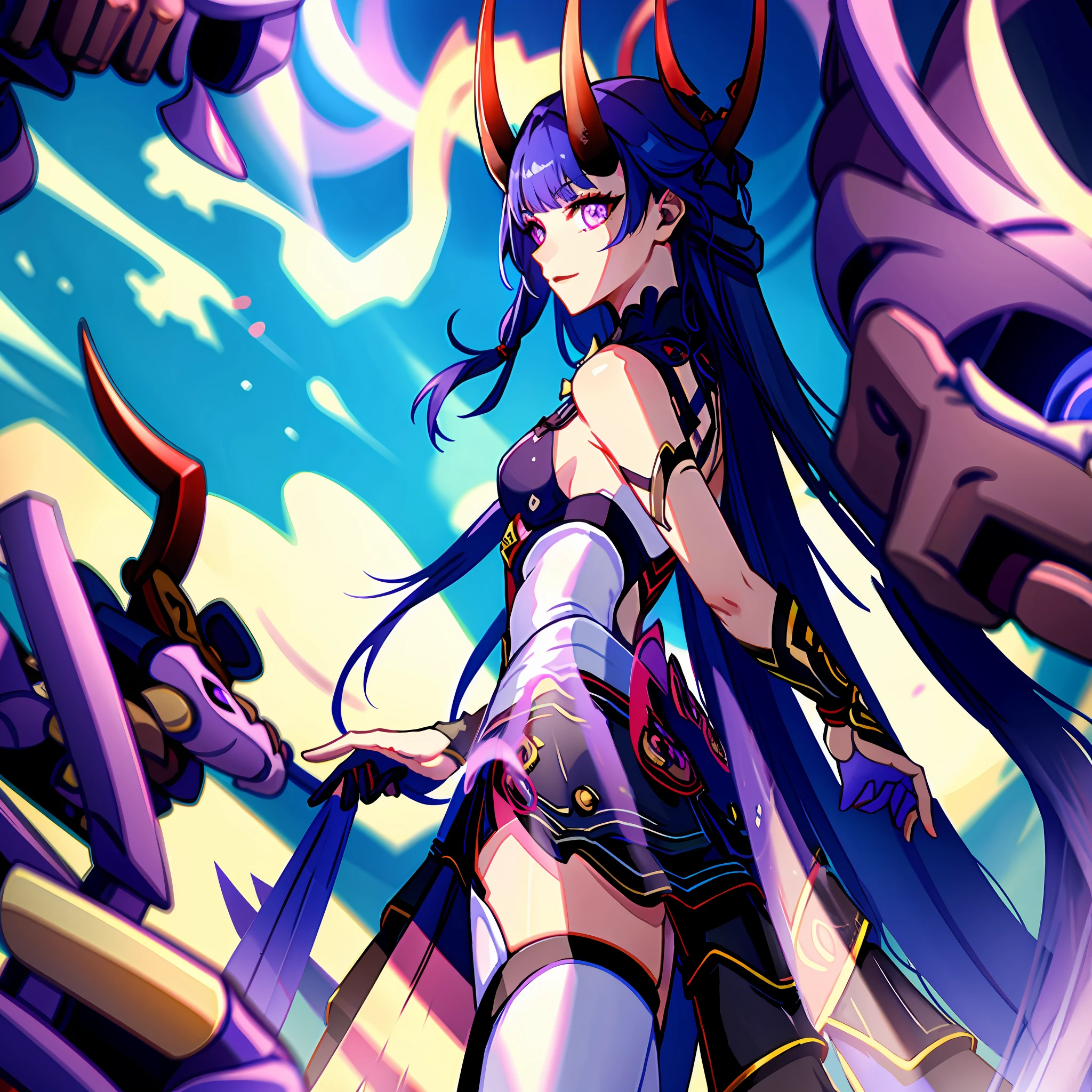 herrscher_of_thunder, outdoors, blue sky, cloudysky, ultra-detailed, masterpiece, illustration, 8k, masterpiece world theater, realistic shadows, gradient, volumetric lighting, big eyes, cute, ambient lighting, colorful, 1girl, solo, (horns:1.5). long hair, looking at viewer, light smile, purple eyes, thighhighs, armor, cowboy shot, katana
