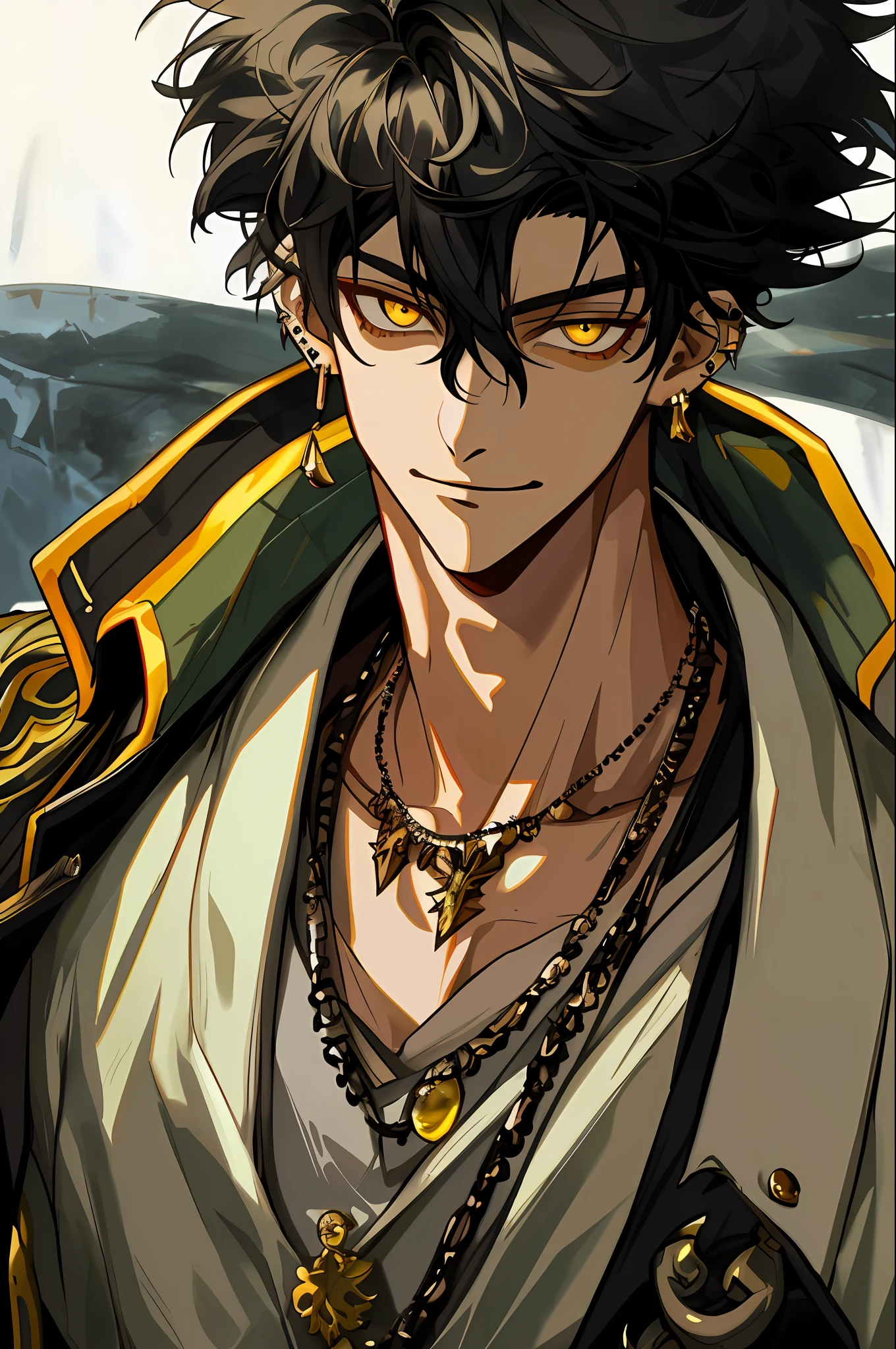 Masterpiece, absurdres, fine detail, HDR,
solo, looking at viewer, smile, shirt, black hair, 1boy, hair between eyes, jewelry, jacket, yellow eyes, upper body, male focus, earrings, necklace, ear piercing, FH
