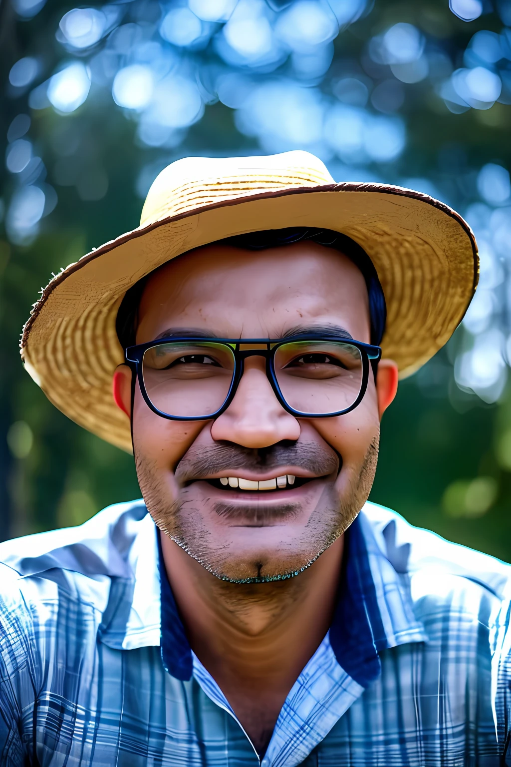 Celsoricardo1, a 44-year-old man with glasses, detailed face, realistic skin pores, wearing a straw hat, plaid shirt, jeans with a few rips, with a dry straw in his mouth. Starry night very dark. Sitting on a rock Next to a campfire at night. with trees around the character. Photorealism, extreme details, ultra-realistic, depth of field, 8k