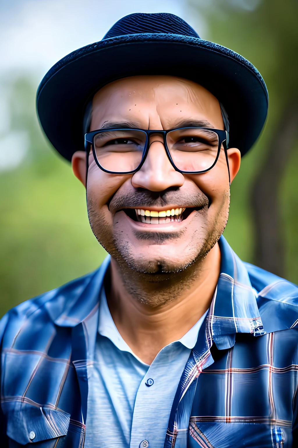 Celsoricardo1, a 44-year-old man with glasses, detailed face, realistic skin pores, wearing a straw hat, plaid shirt, jeans with a few rips, with a dry straw in his mouth. Starry night very dark. Sitting on a rock Next to a campfire at night. with trees around the character. Photorealism, extreme details, ultra-realistic, depth of field, 8k