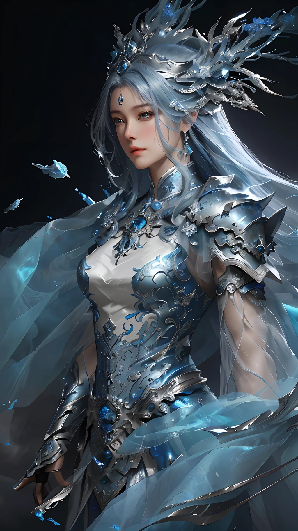 a close up of a woman in a silver and blue dress, chengwei pan on artstation, by Yang J, detailed fantasy art, stunning character art, fanart best artstation, epic exquisite character art, beautiful armor, extremely detailed artgerm, detailed digital anime art, artgerm on artstation pixiv, armor girl