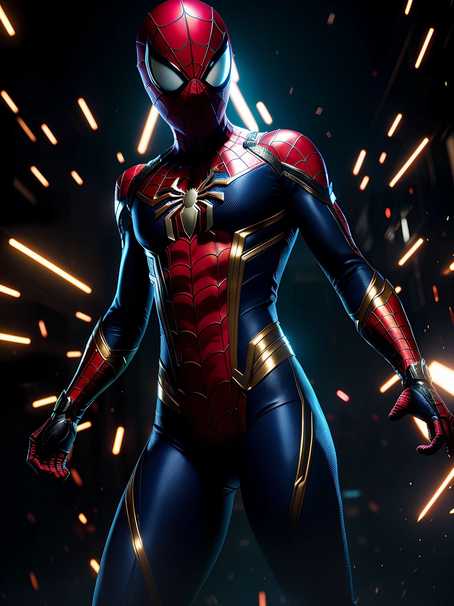 Midjourny-V4 style, Spider-Man in professional photos perfectly played by gwen Stacy, with very detailed complex cybernetic equipment, very detailed beautiful face, standing in the dark, golden particles around the body, proportional body shape + perfect anatomy, symmetrical dynamic pose, volumetric shadows, neon glowing dust particle effect + detailed particles, Full HD rendering + 3d octane rendering + Unreal Engine 5 graphics 4k UHD + huge detail + dramatic lighting + Well-lit + complex + fine detail + octane rendering + ray tracing + 8k + sharp focus + high contrast, Marvel style, trends on ArtStation