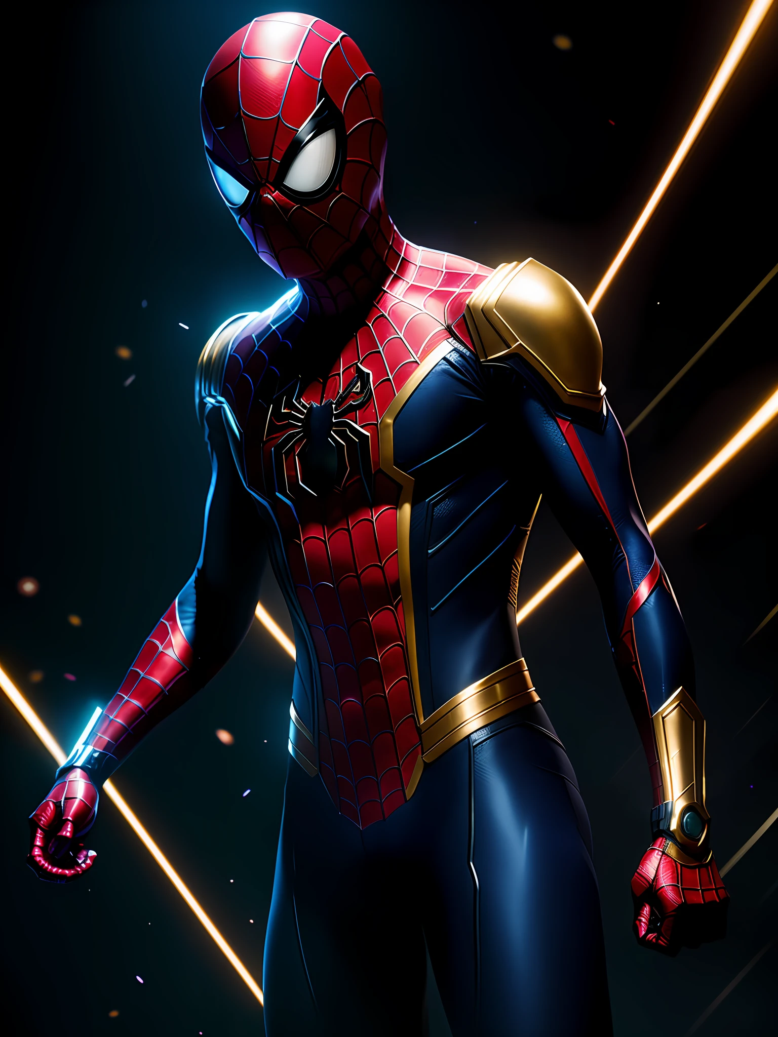 Midjourny-V4 style, Spider-Man in professional photos perfectly played by gwen Stacy, with very detailed complex cybernetic equipment, very detailed beautiful face, standing in the dark, golden particles around the body, proportional body shape + perfect anatomy, symmetrical dynamic pose, volumetric shadows, neon glowing dust particle effect + detailed particles, Full HD rendering + 3d octane rendering + Unreal Engine 5 graphics 4k UHD + huge detail + dramatic lighting + Well-lit + complex + fine detail + octane rendering + ray tracing + 8k + sharp focus + high contrast, Marvel style, trends on ArtStation