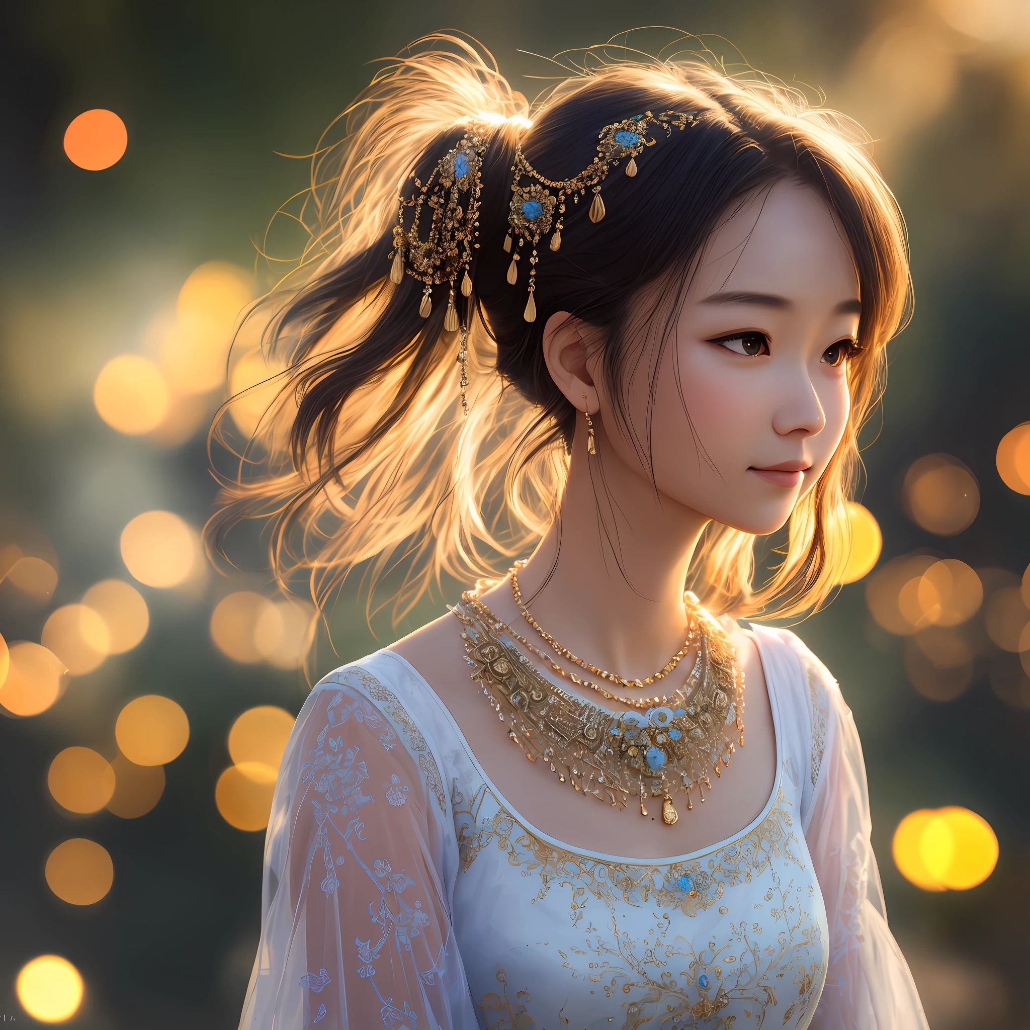 best quality, masterpiece, highres, 1girl,china dress,hair ornament,necklace, jewelry,Beautiful face,upon_body, tyndall effect,photorealistic, beside river, rim lighting, two tone lighting,(high detailed skin:1.2), 8k uhd, dslr, soft lighting, high quality, volumetric lighting, candid, Photograph, high resolution, 4k, 8k, Bokeh