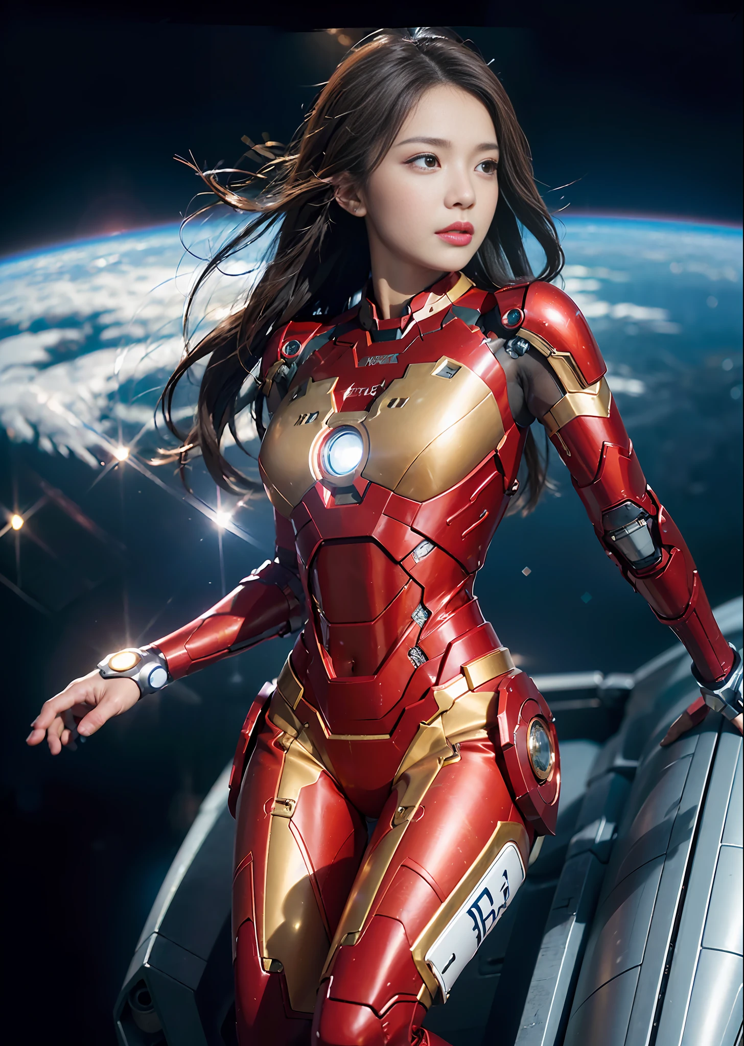 RAW, Masterpiece, Super Fine Photo,, Best Quality, Ultra High Resolution, Photorealistic Photorealism, Sunlight, Full Body Portrait, Amazing Beauty,,Dynamic Pose,Delicate Face,Vibrant Eyes,(From the side), She Wears Futuristic Iron Man Mech, Red and Gold Color Scheme, Very Detailed Space Background, Detailed Face, Detailed Complex Space Background, Messy, Gorgeous, Milky White, Highly Detailed Skin, Realistic Skin Details, Visible Pores, Sharp Focus, Volumetric Fog, 8K UHD, DSLR camera, high quality, film grain, fair skin, photorealism, lomography, starship in space, seen from below, translucent