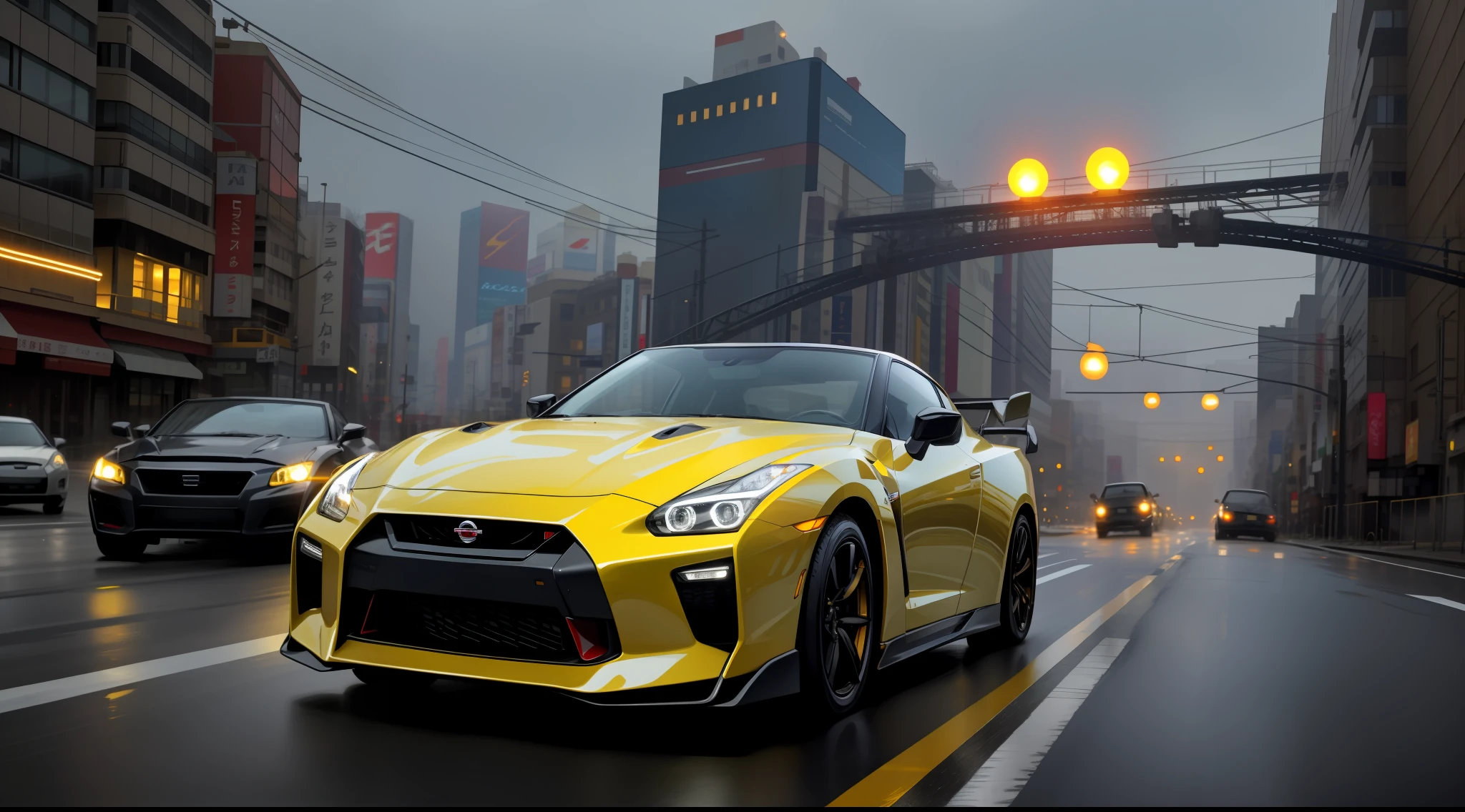 car pictures, perfect look, supercar, complex, (white metal [gloss]), elegant, sharp focus, pictures by Gregg Rutkowski, soft lighting, vivid colors, masterpiece, (street)), dynamic, combining skyline with Nissan GTR35, clear sky, Shibuya intersection, foggy, atomsphere, night view and neon light sparkling view, full moon and lens flare, The tail lamps are combined into one left and right, the side skirts are smooth, the wheels are golden yellow and glow with lights, water splashes, precise appearance replicas, the lamps glow, the wheel color is silver, the wings are separated to the left and right, the shape of the light is diagonally horizontal, sparks from the muffler, the front is integrally molded,