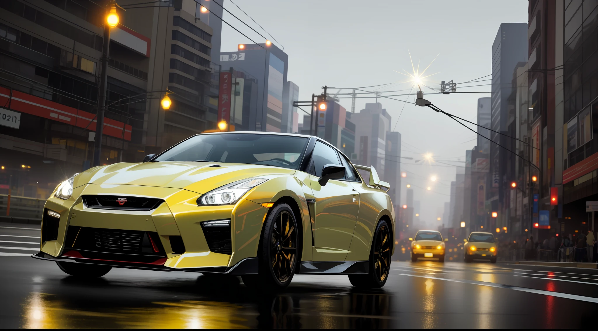 car pictures, perfect look, supercar, complex, (white metal [gloss]), elegant, sharp focus, pictures by Gregg Rutkowski, soft lighting, vivid colors, masterpiece, (street)), dynamic, combining skyline with Nissan GTR35, clear sky, Shibuya intersection, foggy, atomsphere, night view and neon light sparkling view, full moon and lens flare, The tail lamps are combined into one left and right, the side skirts are smooth, the wheels are golden yellow and glow with lights, water splashes, precise appearance replicas, the lamps glow, the wheel color is silver, the wings are separated to the left and right, the shape of the light is diagonally horizontal, sparks from the muffler, the front is integrally molded,