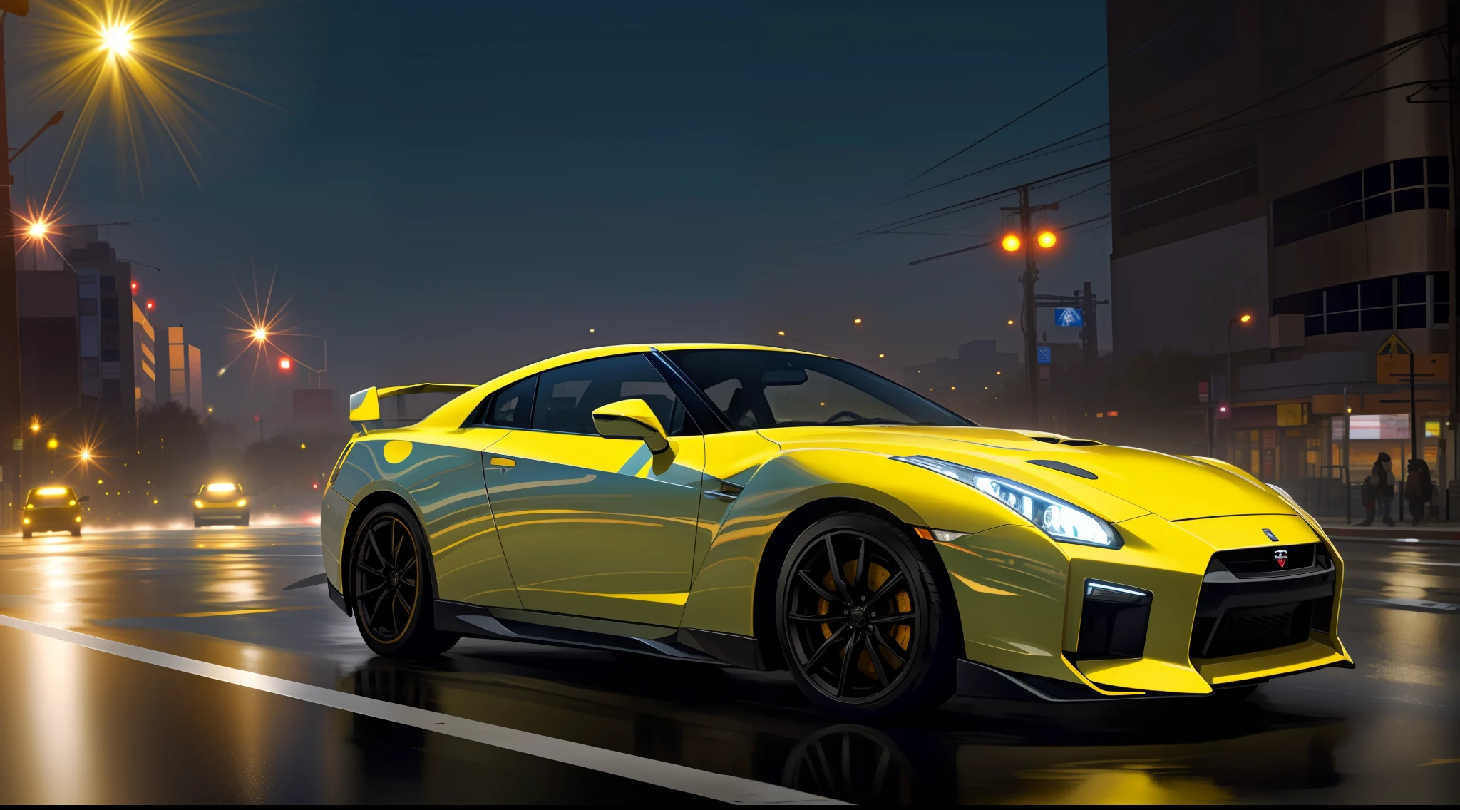 car pictures, perfect look, supercar, complex, (white metal [gloss]), elegant, sharp focus, pictures by Gregg Rutkowski, soft lighting, vivid colors, masterpiece, (street)), dynamic, combining skyline with Nissan GTR35, clear sky, Shibuya intersection, foggy, atomsphere, night view and neon light sparkling view, full moon and lens flare, The tail lamps are combined into one left and right, the side skirts are smooth, the wheels are golden yellow and glow with lights, water splashes, precise appearance replicas, the lamps glow, the wheel color is silver, the wings are separated to the left and right, the shape of the light is diagonally horizontal, sparks from the muffler, the front is integrally molded,