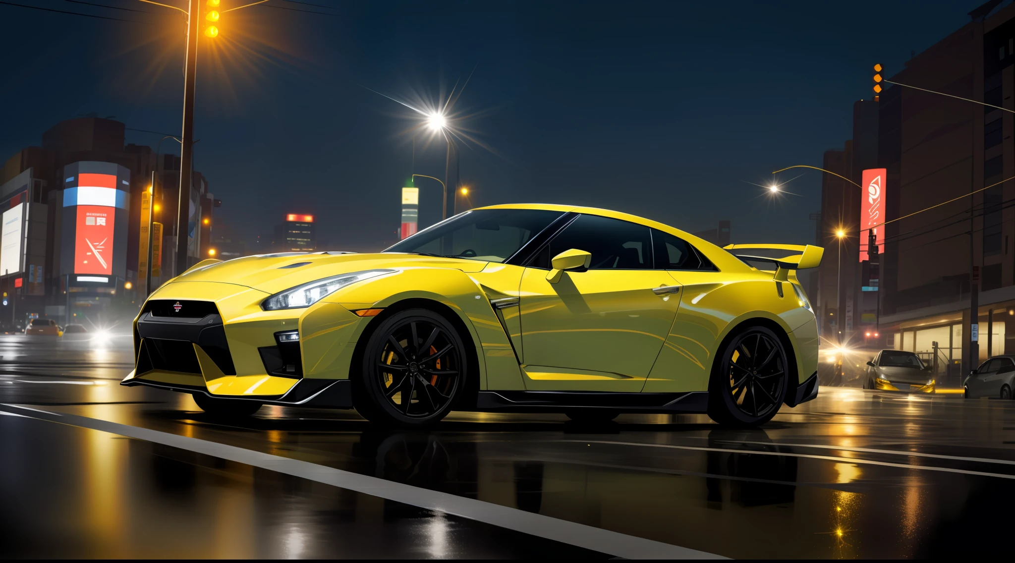 car pictures, perfect look, supercar, complex, (white metal [gloss]), elegant, sharp focus, pictures by Gregg Rutkowski, soft lighting, vivid colors, masterpiece, (street)), dynamic, combining skyline with Nissan GTR35, clear sky, Shibuya intersection, foggy, atomsphere, night view and neon light sparkling view, full moon and lens flare, The tail lamps are combined into one left and right, the side skirts are smooth, the wheels are golden yellow and glow with lights, water splashes, precise appearance replicas, the lamps glow, the wheel color is silver, the wings are separated to the left and right, the shape of the light is diagonally horizontal, sparks from the muffler, the front is integrally molded,