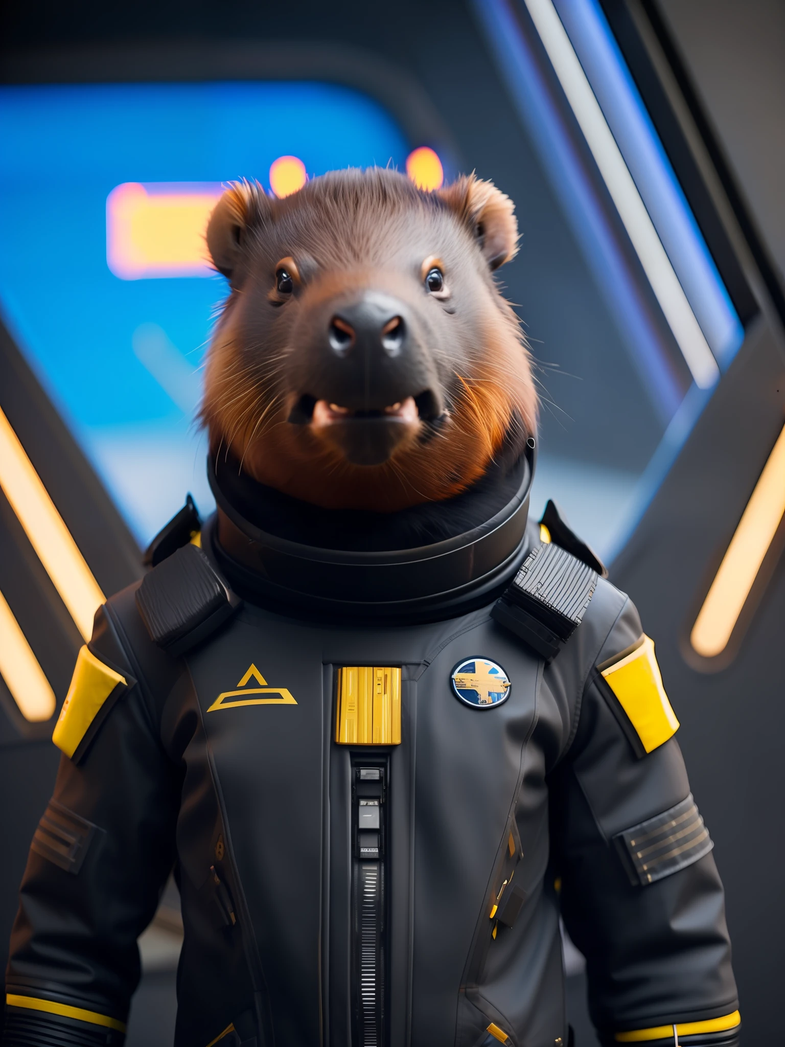 fking_scifi, award-winning photo of a 1capybara, black flight suit with yellow details, brown fur, (gray eyes: 1.35), symmetrical face, standing in front of a window on a spaceship, 80 mm, bokeh, mass effect, close-up, fking_cinema_v2