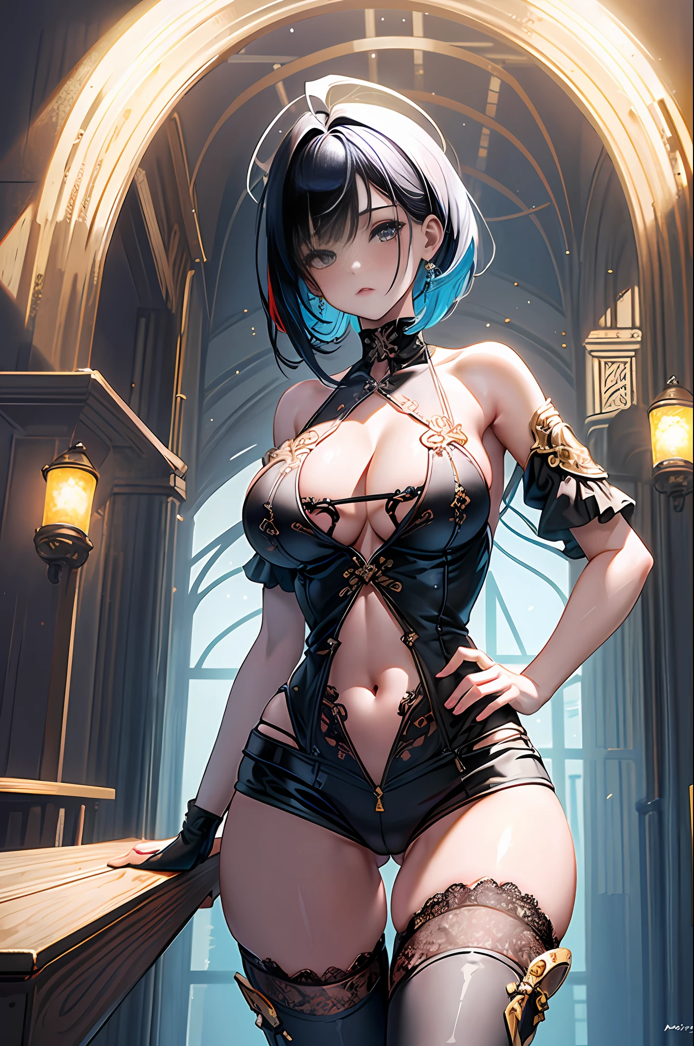 (((best quality))), ((ultra detailed))), (((masterpiece))), illustration 1girl, solo, (multicolored hair, striped hair), bangs, hair between the eyes, X-shaped pupils, (huge breasts), (looking at the audience, hands on hips: 1.2), (revealing clothes), white fur-trimmed coat, (off-the-shoulder, underboob), (pasties: 1.5 ), abdomen, bare shoulders, (bottomless), (maebari:1.5), black gloves, (ass visible through thighs:1.2), collar, street, crowd, cowboy shot, (big breasts:1.3), while hip, big ass, nsfw, (lace jumpsuits)