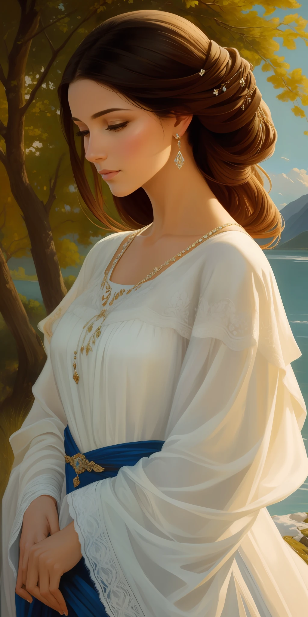 In an oil painting, a beautiful woman is portrayed in a stunning backdrop, capturing the essence of her allure and the beauty of the surroundings. The artist's skillful brushwork and use of rich, vibrant colors bring depth and dimension to the artwork, reminiscent of the works of John Singer Sargent. The woman's features are delicately rendered, highlighting her grace and elegance. The composition draws attention to her presence, while the scenic backdrop adds an element of serenity and visual interest. The oil painting stands as a timeless depiction of feminine beauty set against a captivating environment.
