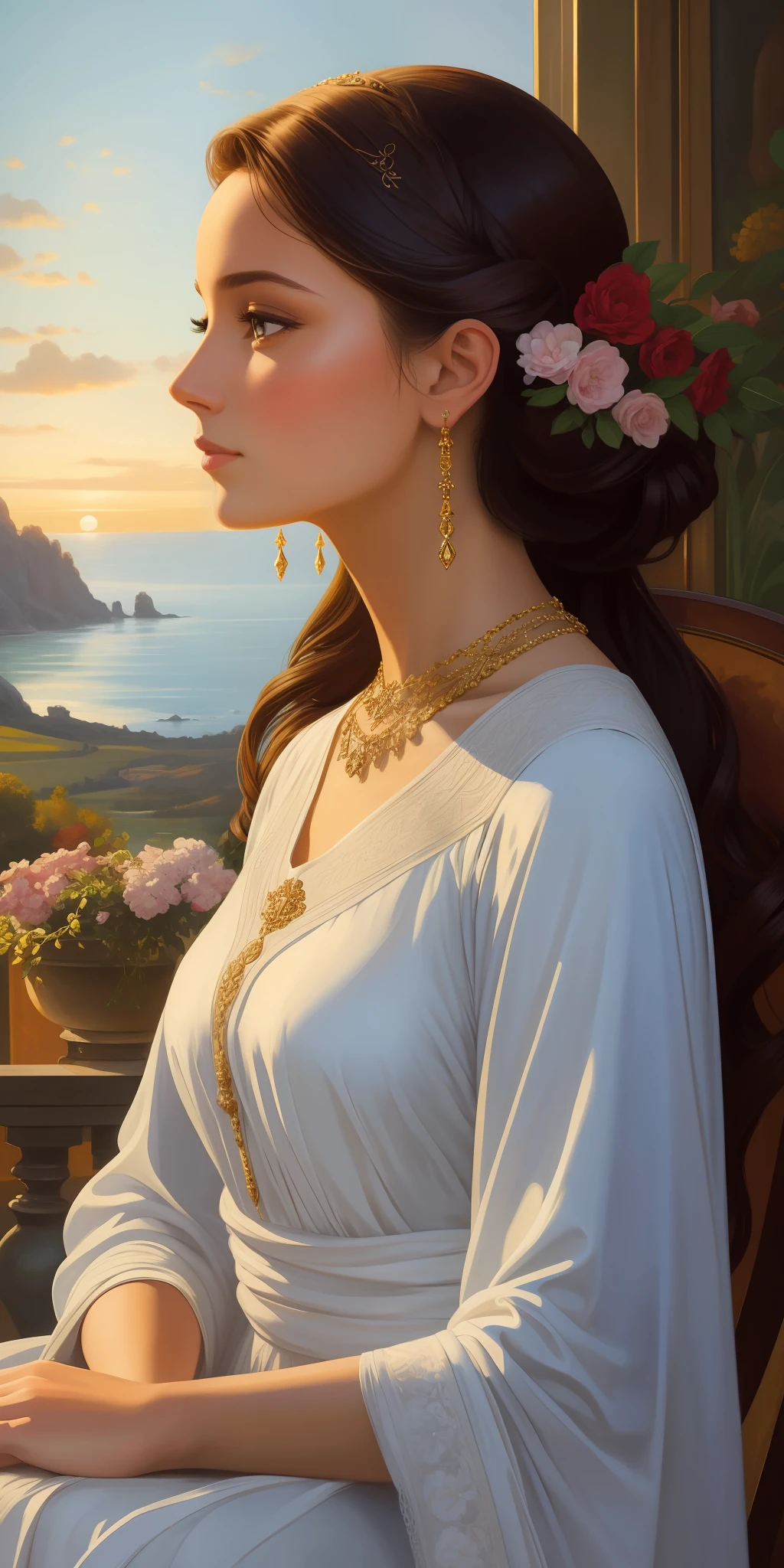 In an oil painting, a beautiful woman is portrayed in a stunning backdrop, capturing the essence of her allure and the beauty of the surroundings. The artist's skillful brushwork and use of rich, vibrant colors bring depth and dimension to the artwork, reminiscent of the works of John Singer Sargent. The woman's features are delicately rendered, highlighting her grace and elegance. The composition draws attention to her presence, while the scenic backdrop adds an element of serenity and visual interest. The oil painting stands as a timeless depiction of feminine beauty set against a captivating environment.