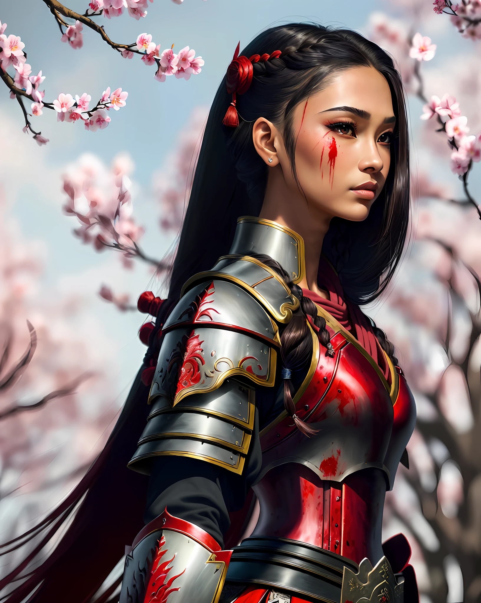 ((8k portrait of beautiful mixed Asian woman, side profile, masterpice, side lighting)), long hair, detailed light samurai armor, (((blood red armor, black interior)), cinematic lighting, cherry blossoms, ashes, melancholy, award-winning photography, Popular on Deviant Art, Best of ArtStation, by WLOP, outdoor, oriental lighting((8k portrait of beautiful mixed Asian woman,  side profile, masterpice, side lighting)), long hair, detailed light samurai armor, ((blood red armor, black interior)), cinematic lighting, cherry blossoms, ashes, melancholy, award-winning photography, Popular on Deviant Art, Best of ArtStation, by WLOP, outdoors, spears in hands fleshy lips sexy pink brown eyesphotography, 8k UHD, photography, hdr, intricate, elegant, highly detailed, sharp focus),  ((stunning, gorgeous, cute), (sexy selfie, sexy underwear, sending a kiss, biting lip, blinking, licking lips, neckline selfie, low contrast), seductive smile, sexy smile, blush, eyeshadow, eyeliner, long eyelashes, immaculate matte makeup, intricate and detailed tattoos)) Movie poster, ((braided hairstyle: 1.5)), anime reference 86, science fiction, science fiction, science fiction, movies, war action movies, space, atmosphere, sky, warship, various characters, women, adults, brown eyes, black hair, sexy mouth,pink sexy thick lips 4 different photos positions