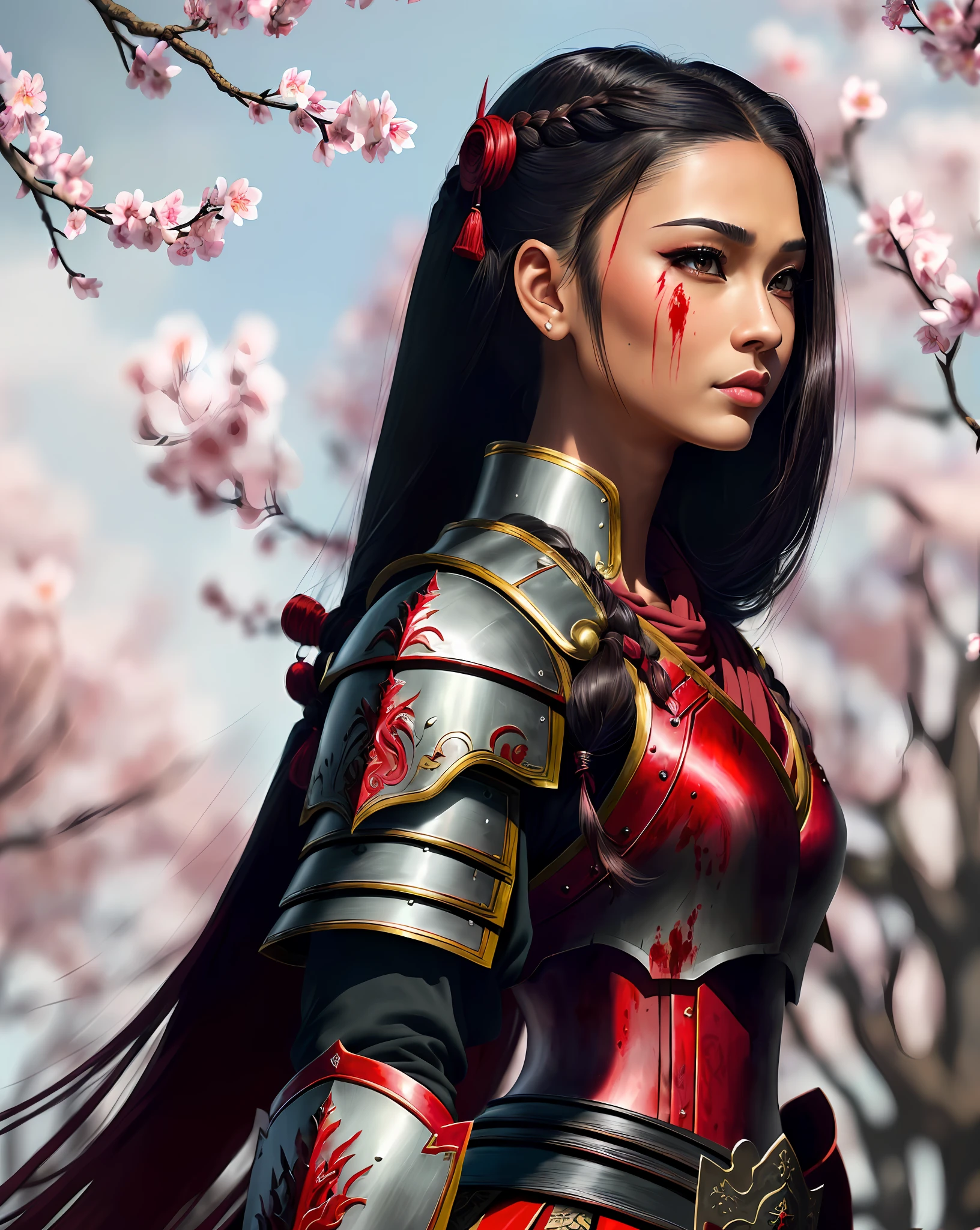 ((8k portrait of beautiful mixed Asian woman, side profile, masterpice, side lighting)), long hair, detailed light samurai armor, (((blood red armor, black interior)), cinematic lighting, cherry blossoms, ashes, melancholy, award-winning photography, Popular on Deviant Art, Best of ArtStation, by WLOP, outdoor, oriental lighting((8k portrait of beautiful mixed Asian woman, side profile, masterpice, side lighting)), long hair, detailed light samurai armor, ((blood red armor, black interior)), cinematic lighting, cherry blossoms, ashes, melancholy, award-winning photography, Popular on Deviant Art, Best of ArtStation, by WLOP, outdoors, spears in hands fleshy lips sexy pink brown eyesphotography, 8k UHD, photography, hdr, intricate, elegant, highly detailed, sharp focus), ((stunning, gorgeous, cute), (sexy selfie, sexy underwear, sending a kiss, biting lip, blinking, licking lips, neckline selfie, low contrast), seductive smile, sexy smile, blush, eyeshadow, eyeliner, long eyelashes, immaculate matte makeup, intricate and detailed tattoos)) Movie poster, ((braided hairstyle: 1.5)), anime reference 86, science fiction, science fiction, science fiction, movies, war action movies, space, atmosphere, sky, warship, various characters, women, adults, brown eyes, black hair, sexy mouth,pink sexy thick lips 4 different photos positions