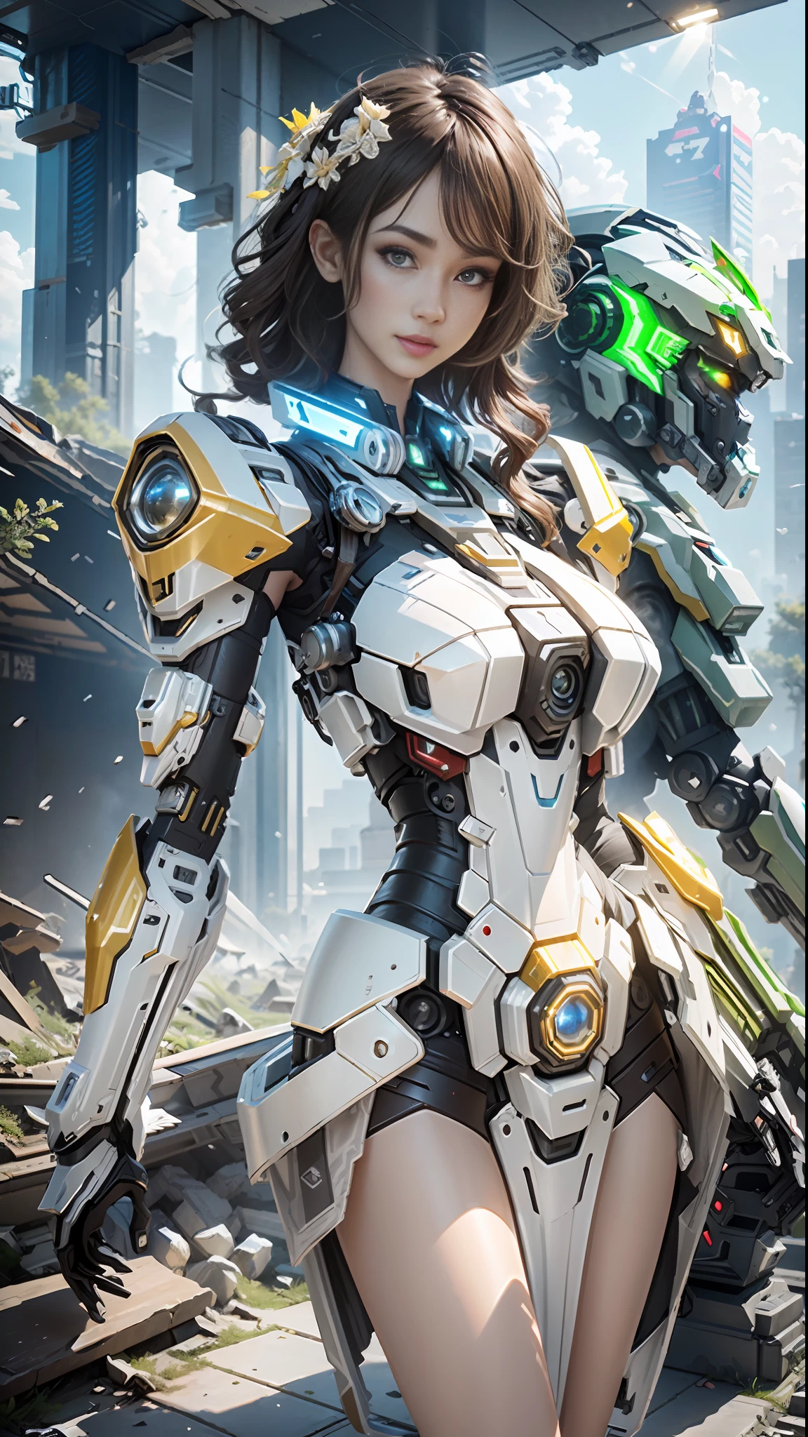 ((Best quality)), ((masterpiece)), (highly detailed:1.3), 3D,Shitu-mecha, beautiful cyberpunk women with her mecha in the ruins of city from a forgoten war, ancient technology,HDR (High Dynamic Range),Ray Tracing,NVIDIA RTX,Super-Resolution,Unreal 5,Subsurface scattering,PBR Texturing,Post-processing,Anisotropic Filtering,Depth-of-field,Maximum clarity and sharpness,Multi-layered textures,Albedo and Specular maps,Surface shading,Accurate simulation of light-material interaction,Perfect proportions,Octane Render,Two-tone lighting,Low ISO,White balance,Rule of thirds,Wide aperature,8K RAW,Efficient Sub-Pixel,sub-pixel convolution,luminescent particles,light scattering,Tyndall effect