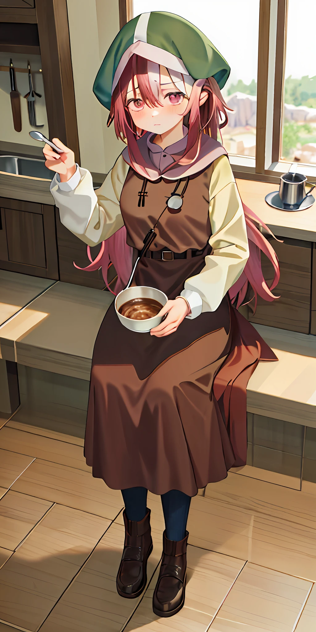 masterpiece, best quality, kitchen, holding spoon, spoon, holding spoon, 1 girl, vuekosage, coiled hair, brown clothes, pink belt, looking up, standing, hood, pot, pot smoking, frowning, heart, near and far void, blushing, talking heart, full body picture