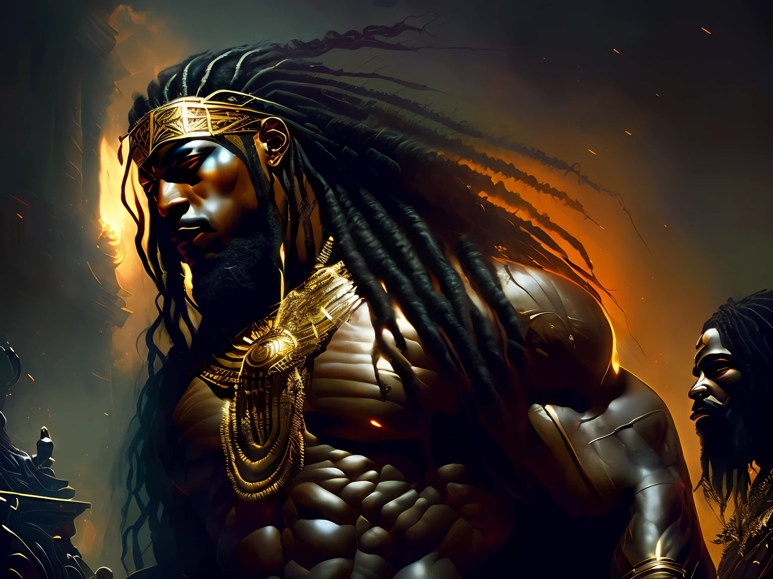 Highly (dynamic:1.2) scene art detailed (rutkowski:1.2), ((pharaoh killing), (mad), handsome, (dark skin), ((long woven dreadlocks)) ((muscular)), (fantastic amazing decoration:1.2), explosive volumetric, Delightful anatomy, (fantastic god perfect art, 64k ultra hd:1.1), (art by apterus, art by dan mumford:1.2)