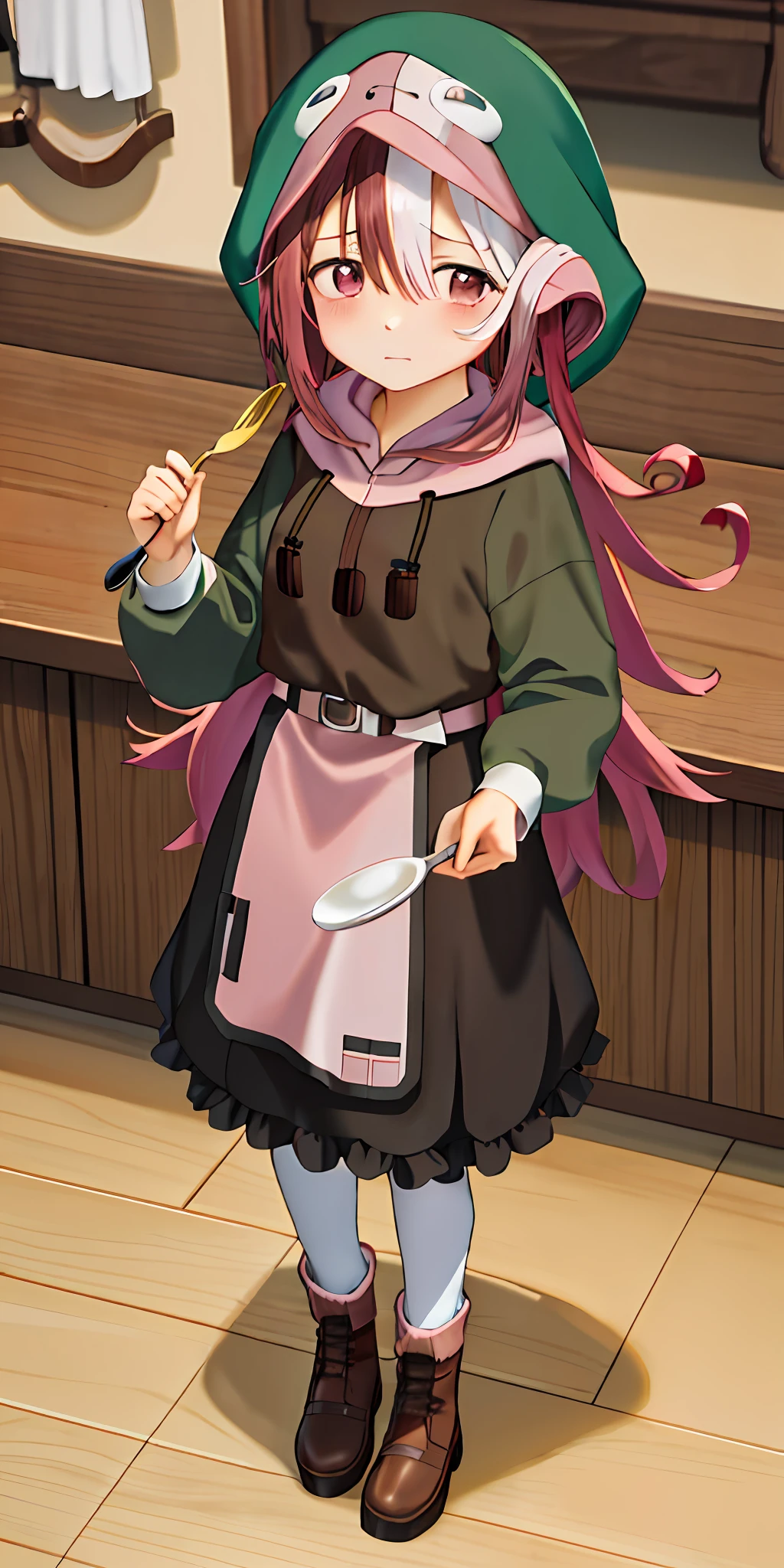 masterpiece, best quality, kitchen, holding spoon, spoon, holding spoon, 1 girl, vuekosage, coiled hair, brown clothes, pink belt, looking up, standing, hood, pot, pot smoking, frowning, heart, near and far void, blushing, talking heart, full body picture