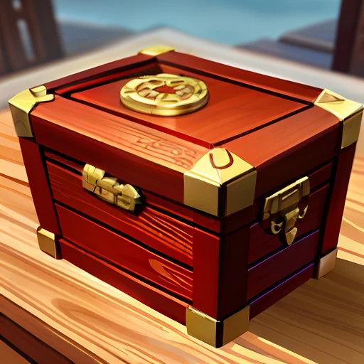 Game icon, a wooden treasure chest, metal edging, two-dimensional style, Chinese style, Q version, cute, high quality, masterpiece