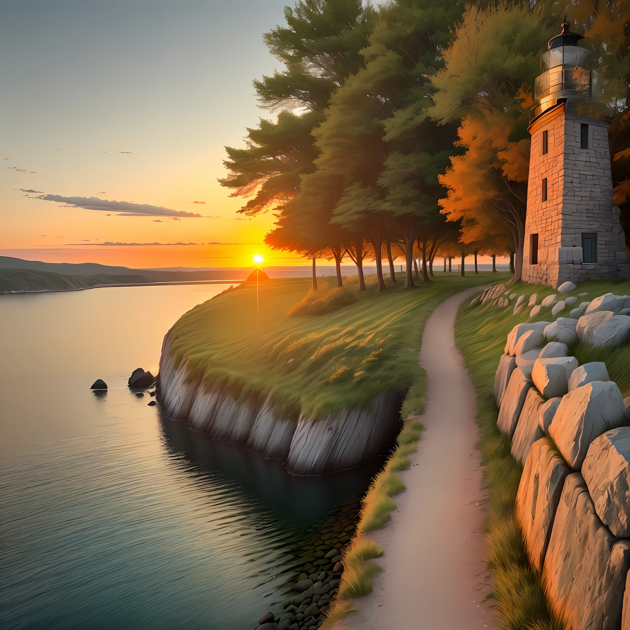 A lighthouse, a lake, a stone road to the lighthouse, the sun sets, an orange sunset,