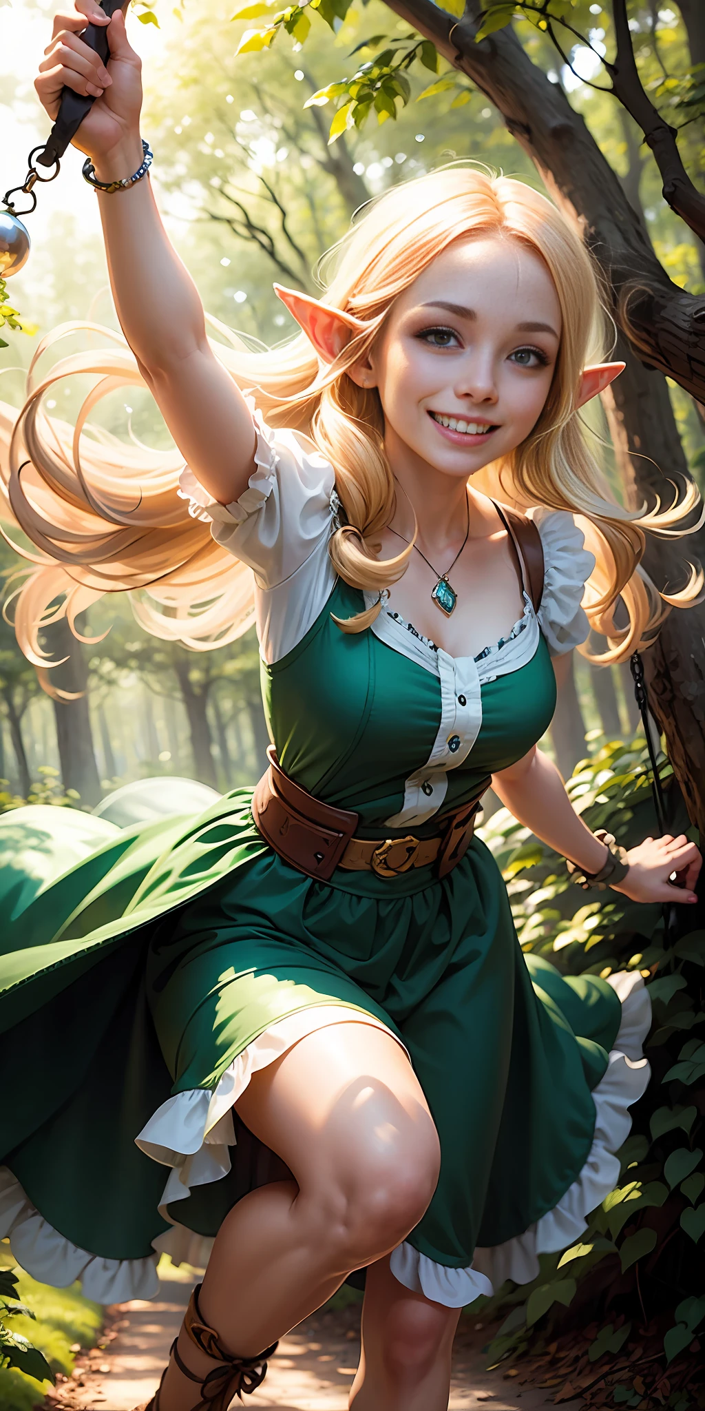 A beautiful and bright elf is walking bouncy through a forest swinging her hair and with a smile (showing her teeth).