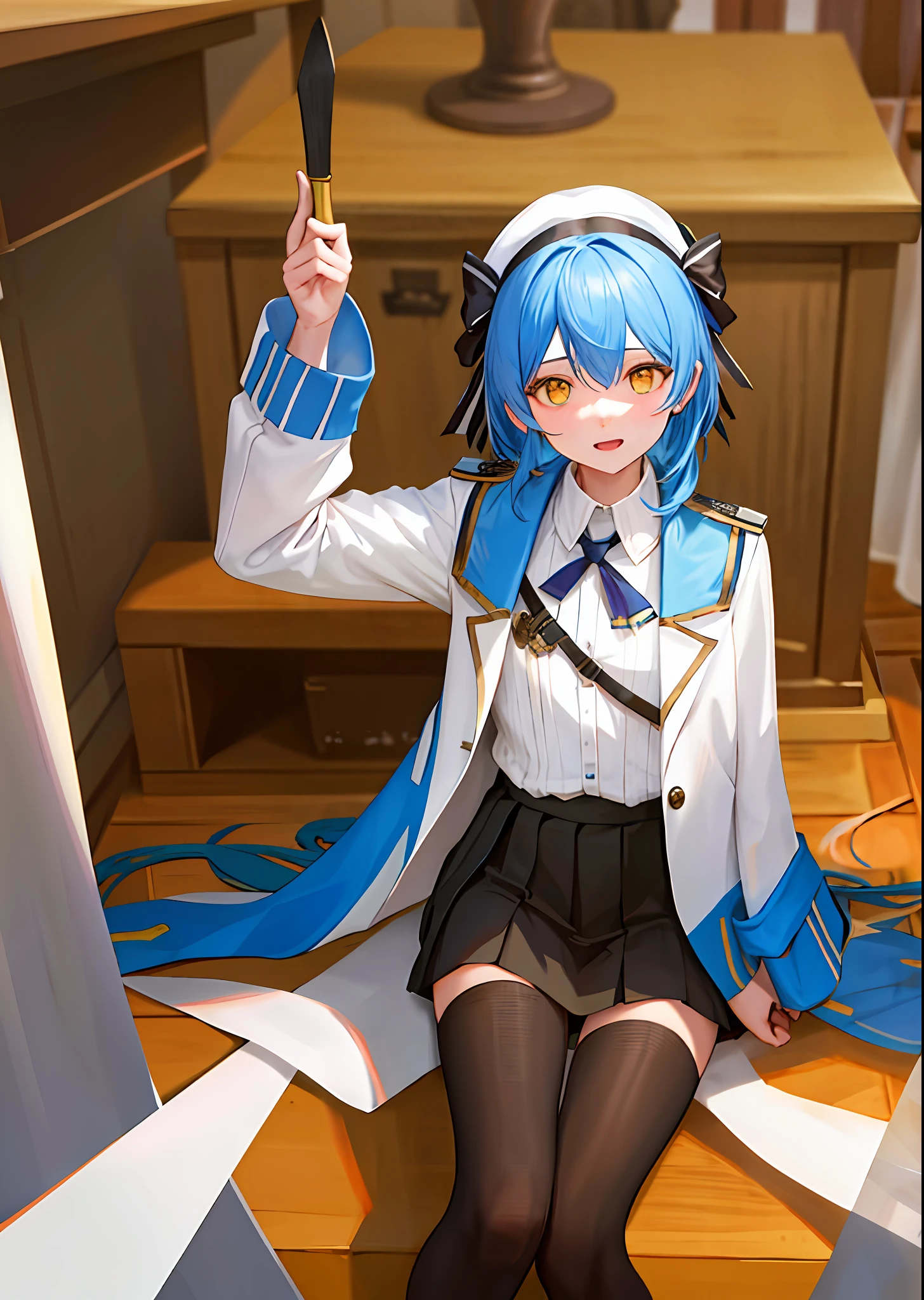girl, blue hair, yellow eyes, white shirt, sweater, v shaped cut, shirt, black thin tie, black skirt, black tights, 20 years old, 1girl, short haircut, 2 hairpins, medium breasts size, digital art, ((masterpiece, best quality)), ultra-detailed, illustration, absurdres, (sharpness:1.5),