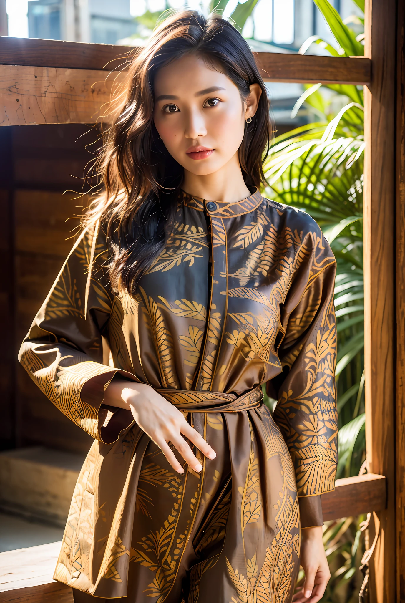 (best quality:1.4), (ultra highres:1.2), (photorealistic:1.4), (8k, RAW photo:1.2), 1 girl, javanese, (portrait shot) ,(black wavy hair), tanned skin, temple, (wearing batik:1.3), natural light, rim light, undressing, lustful face, spreading legs, indonesian clothes, transparent clothes