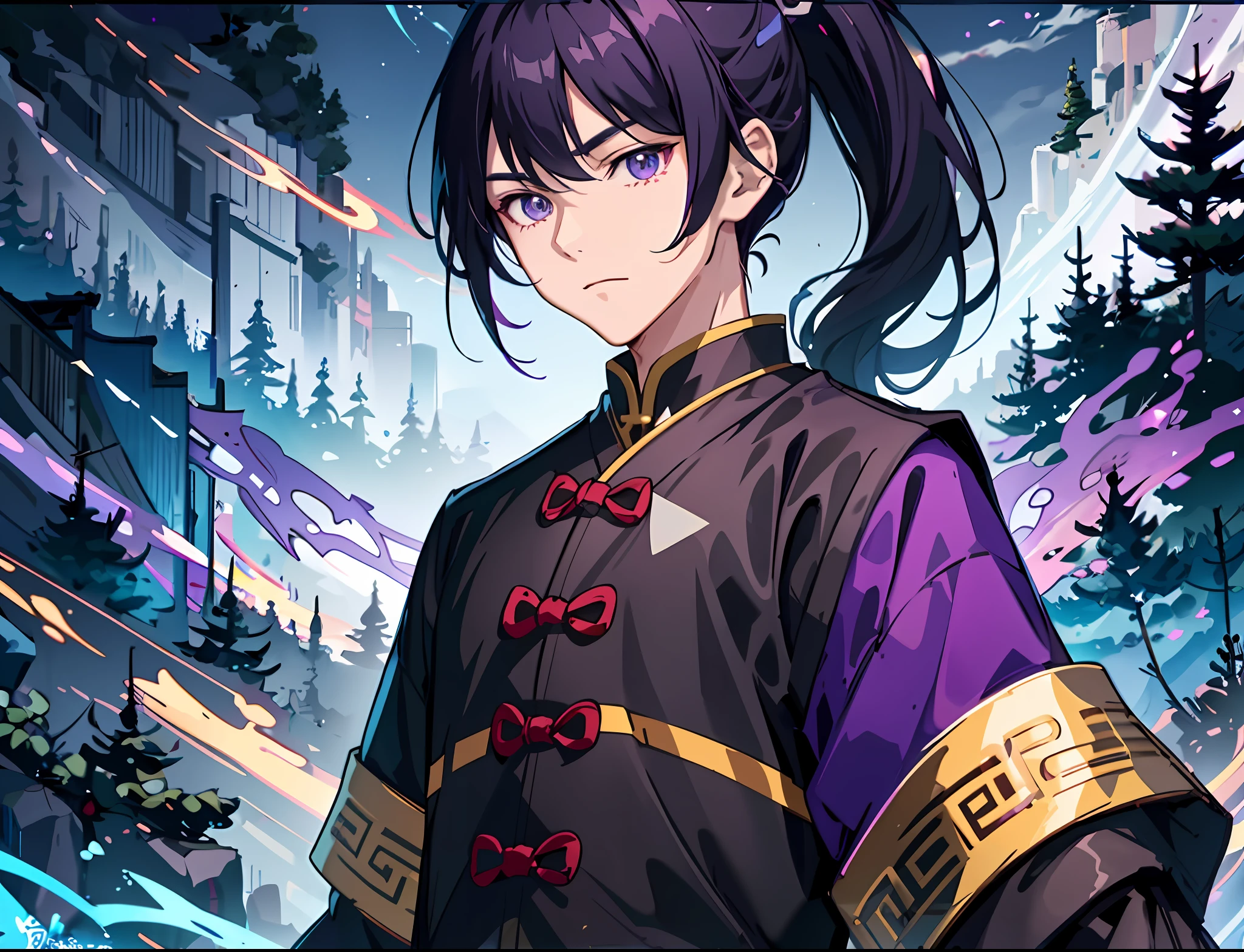 Anime boy with ponytailed hair in purple and gold costumes, Kokiyo from Genshin Impact, Nakari from Genshin Impact, Ayaka Genshin Impact, inspired by Song Maojin, Black-haired Mage, Hirase Jinyao, anime moe art style, handsome guy in Demon Killer Art, Ayaka game Genshin Impact, Demon Killer Lu doujin art