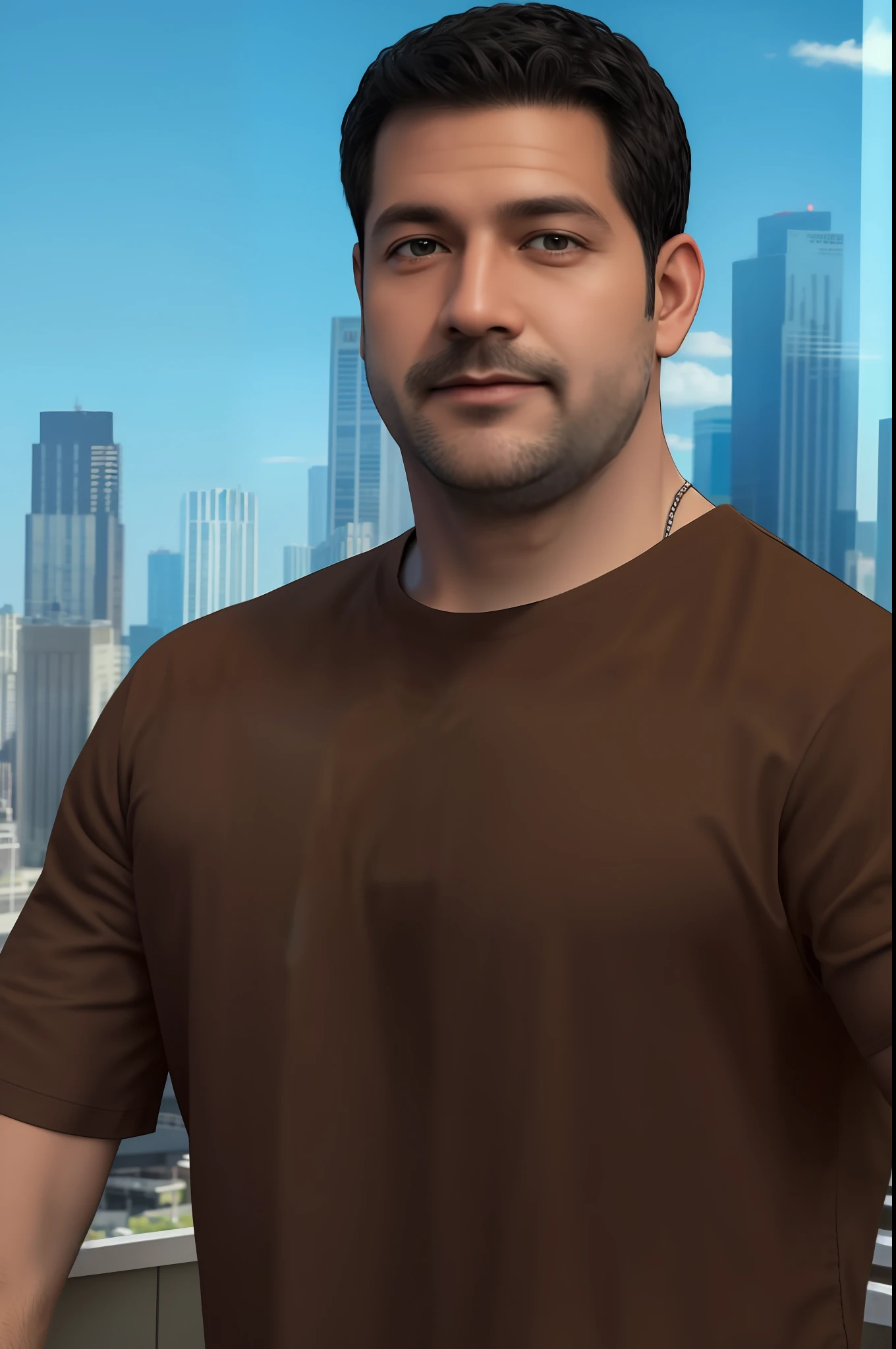 bogg dann, masterpiece, best quality, 1boy, solo, male focus, shirt, wristwatch, watch, facial hair, outdoors, black hair, closed mouth, short sleeves, realistic, blurry, brown shirt, t-shirt, photo background, sky, towel on one shoulder, towel, striped shirt, taking picture, selfie, close-up, skyscraper, on roof, depth of field, wrinkled skin, mature male,