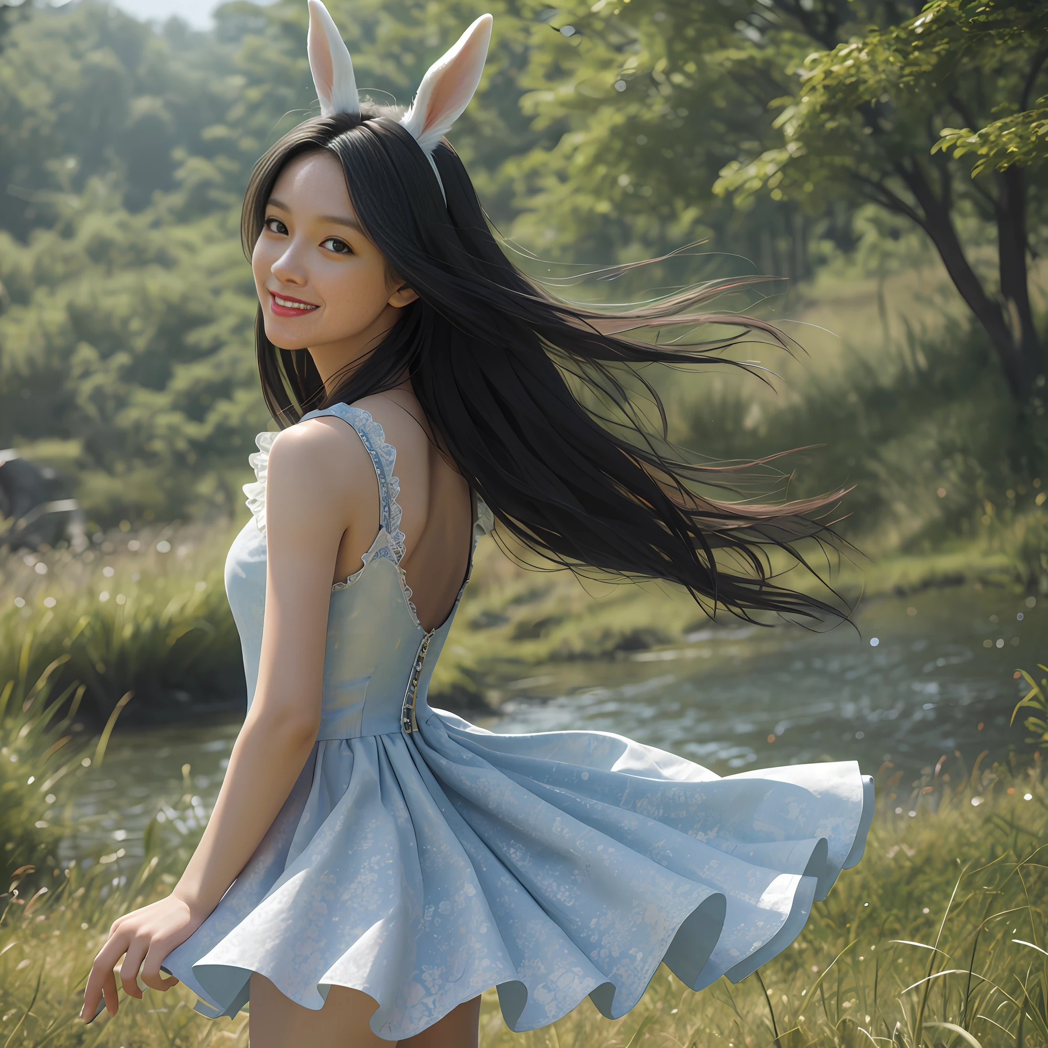 (Best Quality, Masterpiece: 1.4), (Realism: 1.2), (Absurdity: 1.2), 4K, Detailed, Ultra Detailed, Detailed Face, (Ultra Detailed Eyes: 1.2), Beauty, Slip Low-cut Dress, (Bare Back: 1.3), Smile, High Split End, Long Legs, Short Skirt, Floating Long Black Hair, Rabbit Ears, On the Road