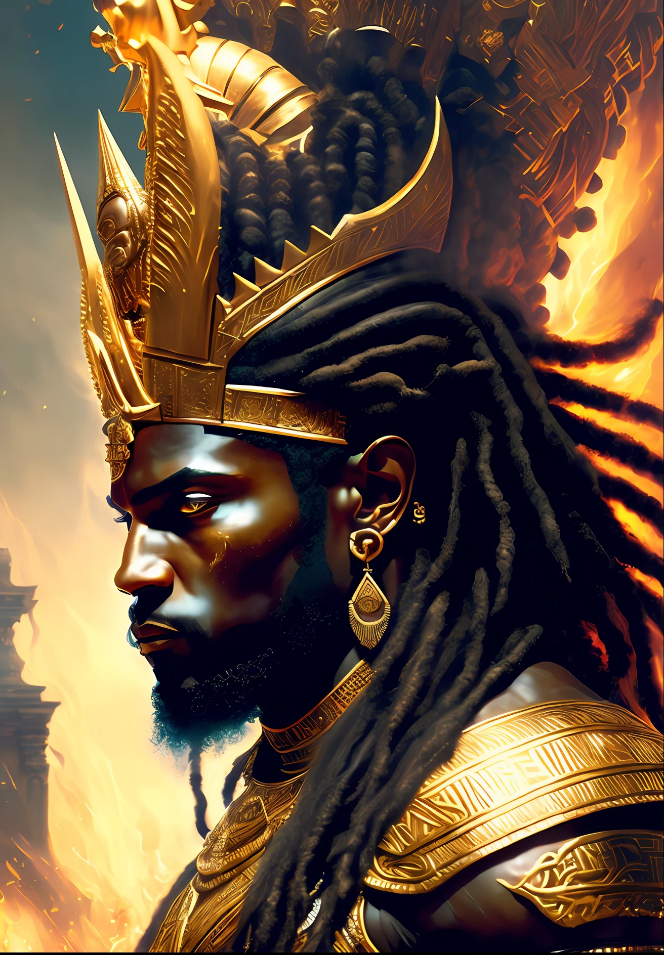Highly (dynamic:1.2) scene art detailed (rutkowski:1.2), ((pharaoh crown of ramses II)), (fighting), handsome, (dark skin), ((long woven dreadlocks)) ((muscular)), (fantastic amazing decoration:1.2), explosive volumetric, Delightful anatomy, (fantastic god perfect art, 64k ultra hd:1.1), (art by apterus, art by dan mumford:1.2)