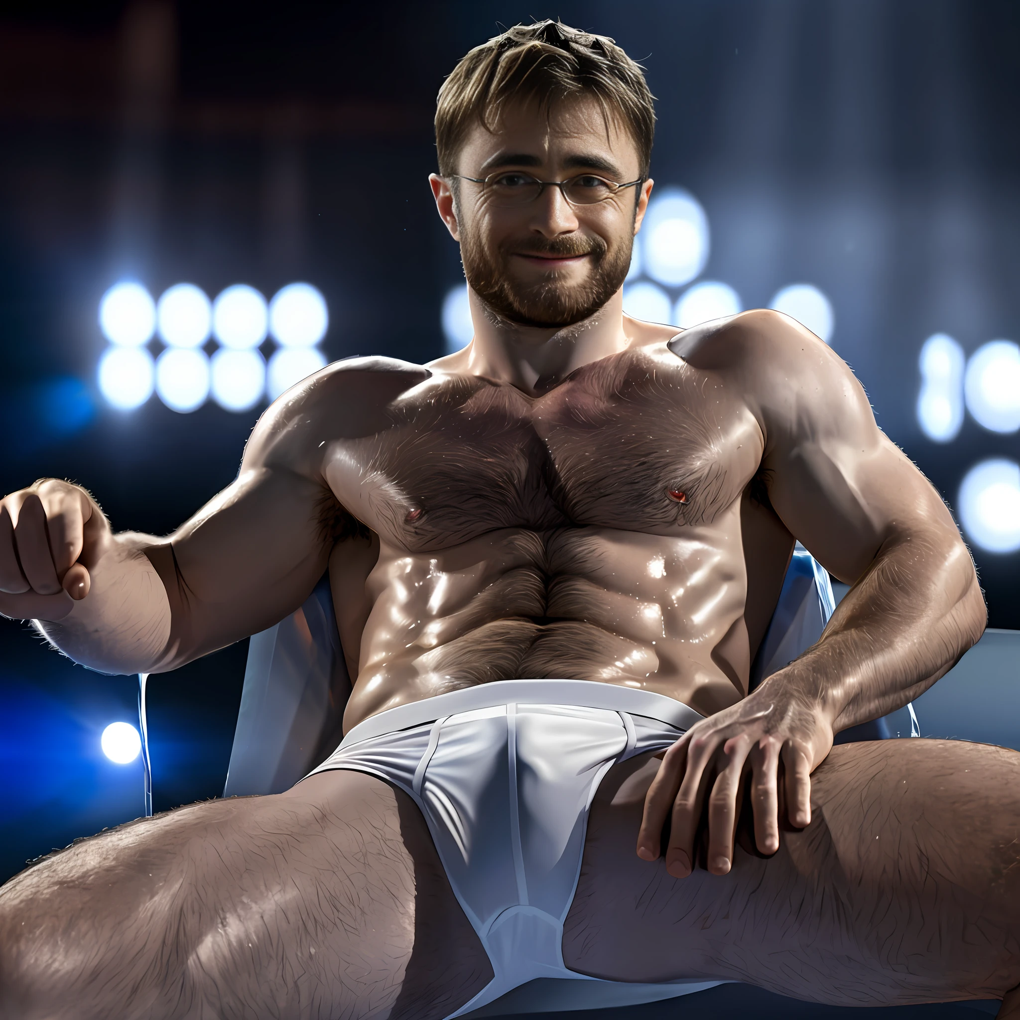 hairy daniel radcliffe, spreading legs, in transparent, wet underwear, giant erected bulge, pubic hair, erotic, seductive smile, Realism, cinematic lighting, candid photo, f/2.8, Nikon, wide shot, UHD, ccurate, masterpiece, anatomically correct, super detail, high quality, HD