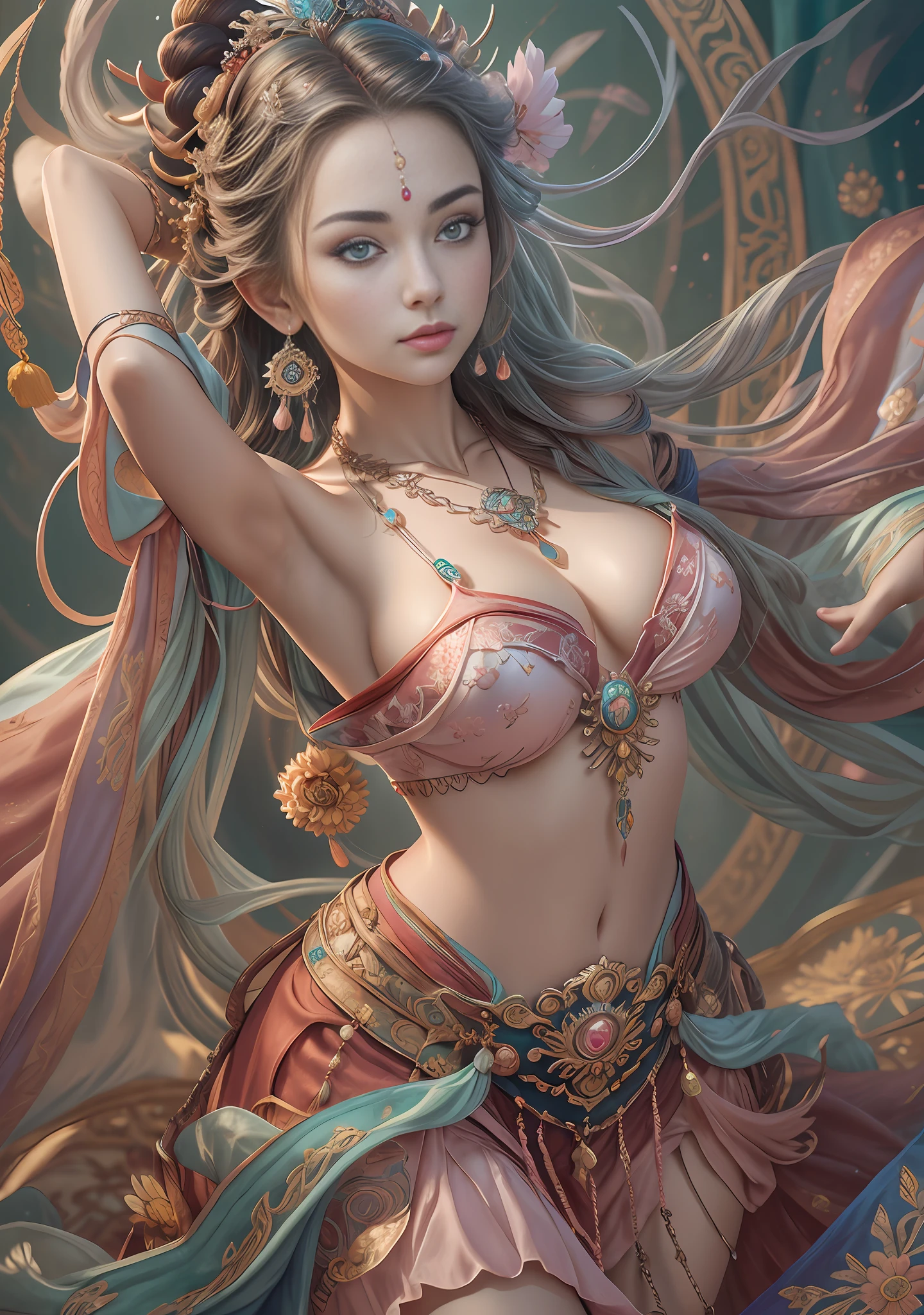 Best quality,masterpiece,ultra-detailed high res,(photorealistic:1.4),raw photo,,illustration,
1girl dancing,(solo:1.2),(cowboy shot:1.2),(hair crown:1.2),Traditional chinese dunhuang style clothes,Strapless,(red eyeliner:1.2),(big breasts:1.4), (v-neck:1.5), (big necklace:1.4), lace armour, (beautiful eyes :1.4), (looking at viewer:1.5), earrings,dynamic angle,Opera House,messy_long_hair,ink,cinematic lighting,lens_flare, Velvet, chrysanthemum,Tassel,Ribbon,color embroidery, white gold pink blue violet green