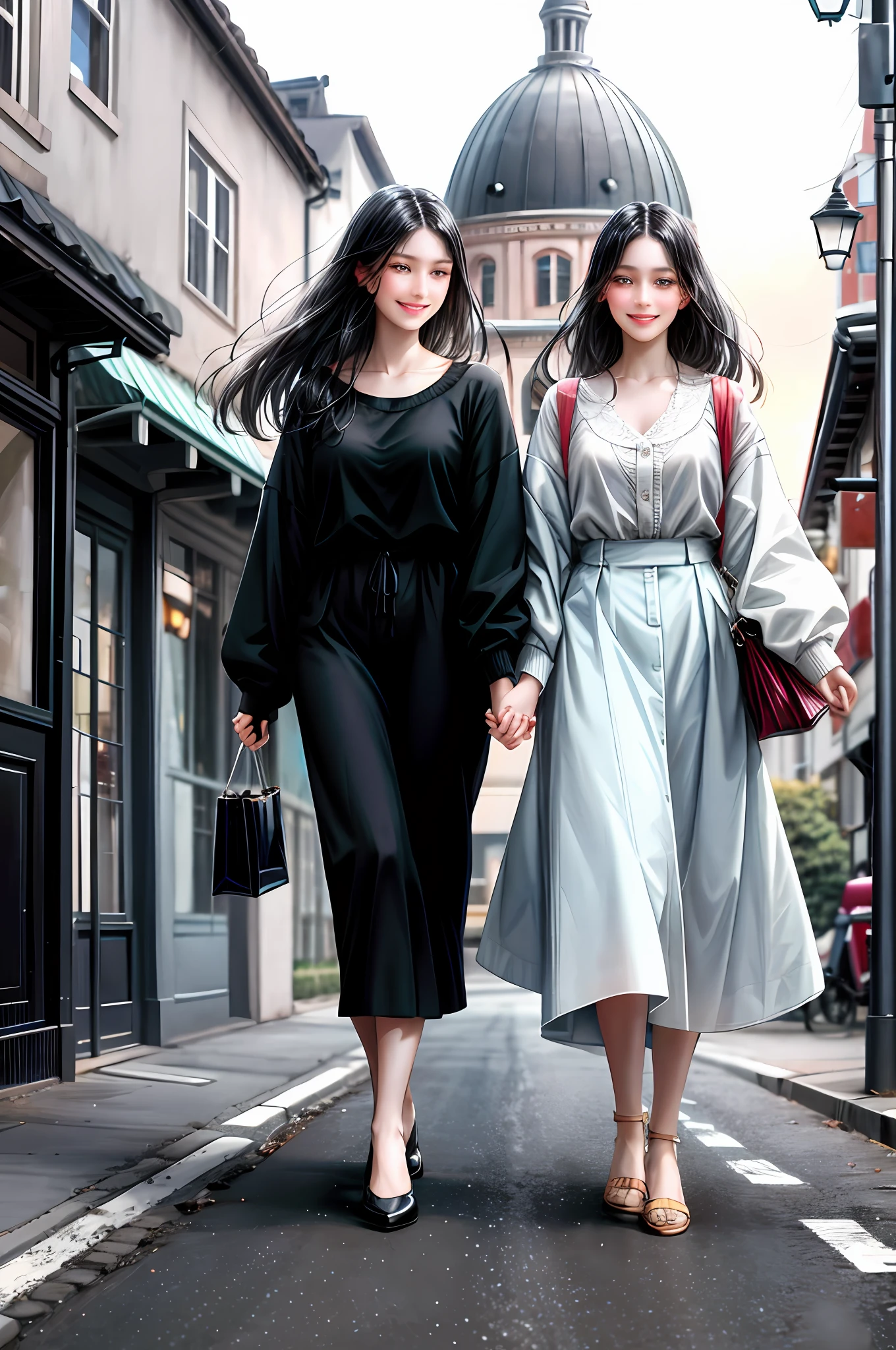 2 girls, two who look alike, tall, flat, beautiful, long black hair without fringe both, holding hands, smiling happily both, walking down the street, behind them you see the landscape of shops and houses of the city,