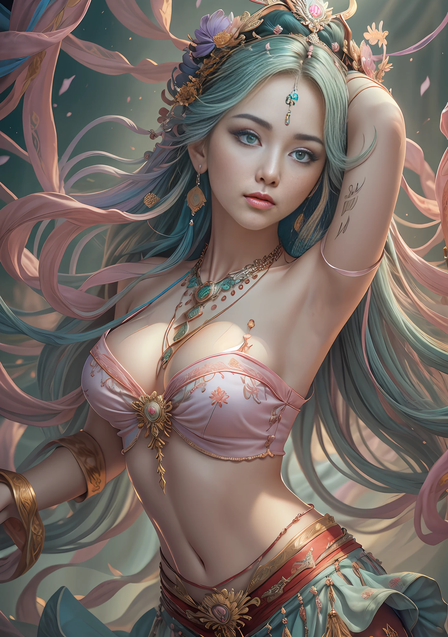 Best quality,masterpiece,ultra-detailed high res,(photorealistic:1.4),raw photo,,illustration,
1girl dancing,(solo:1.2),(cowboy shot:1.2),(hair crown:1.2),Traditional chinese dunhuang style clothes,Strapless,(red eyeliner:1.2),(big breasts:1.4), (v-neck:1.5), (big necklace:1.4), lace armour, (beautiful eyes :1.4), (looking at viewer:1.5), earrings,dynamic angle,Opera House,messy_long_hair,ink,cinematic lighting,lens_flare, Velvet, chrysanthemum,Tassel,Ribbon,color embroidery, white gold pink blue violet green