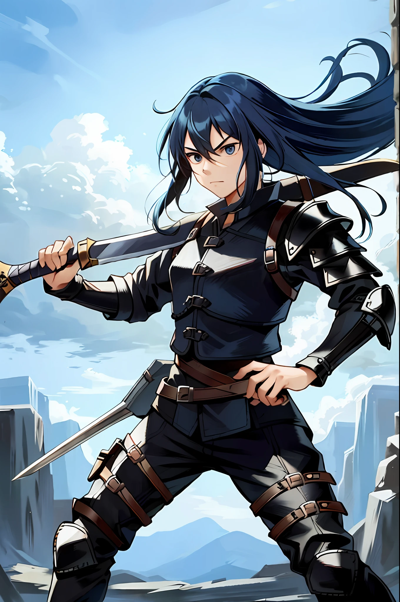 A ager with long blue hair and black eyes, holding a weapon, a long sword, a backpack, leather armor, a fighting stance, a combat >:\), a masterpiece, of the best quality,