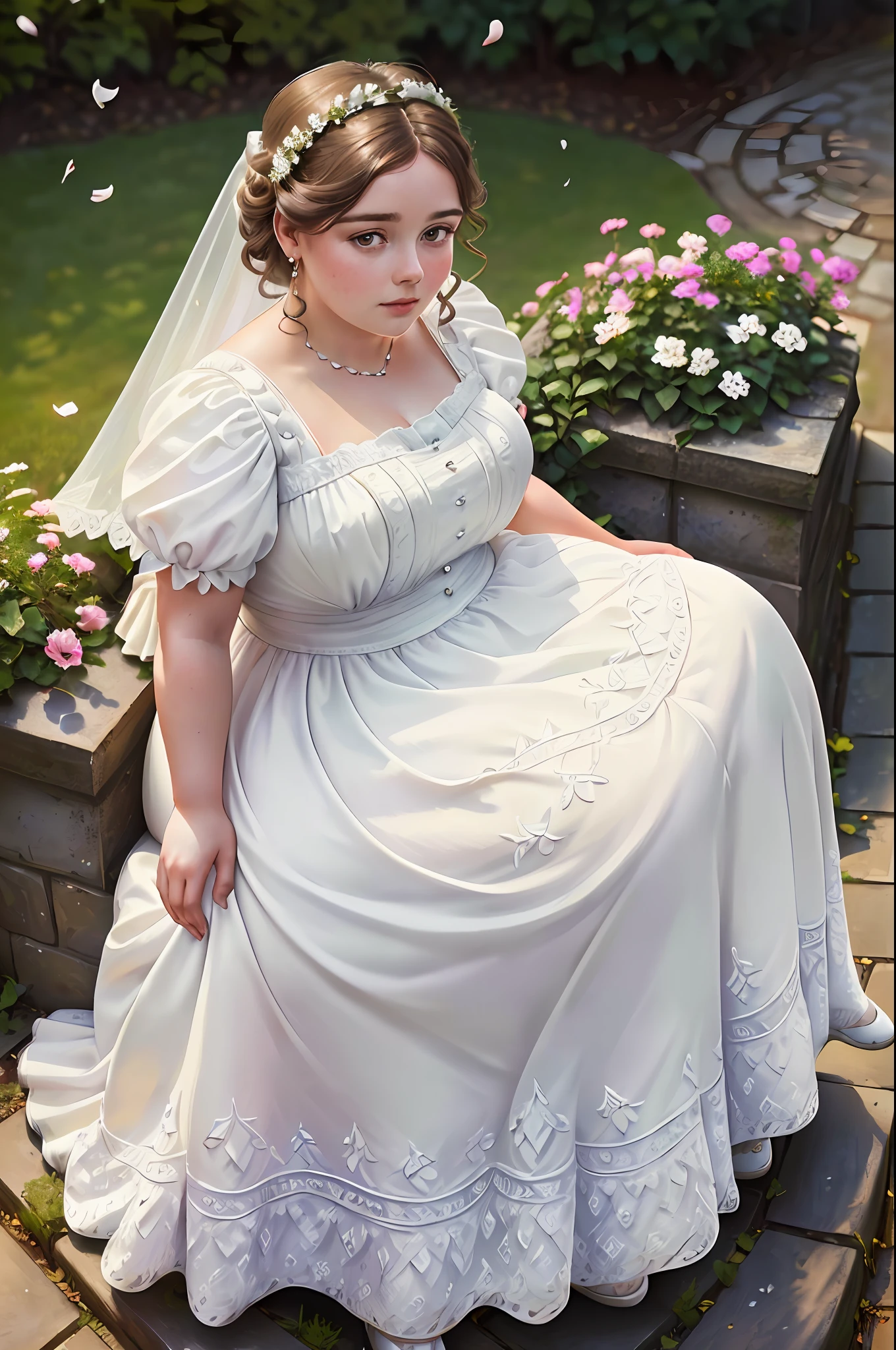 A chubby lady, ((\lady wearing a white dress:1.2\)), \(sitting in garden\), from above, victorian era aesthetic, detailed background, casual pose, detailed textures, posing, outdoors, petals, stone stairs, window behind (masterpiece:1.2) (photorealistic:1.2) (bokeh) (best quality) (detailed skin:1.3) (8k) (detailed eyes) (sharp focus)