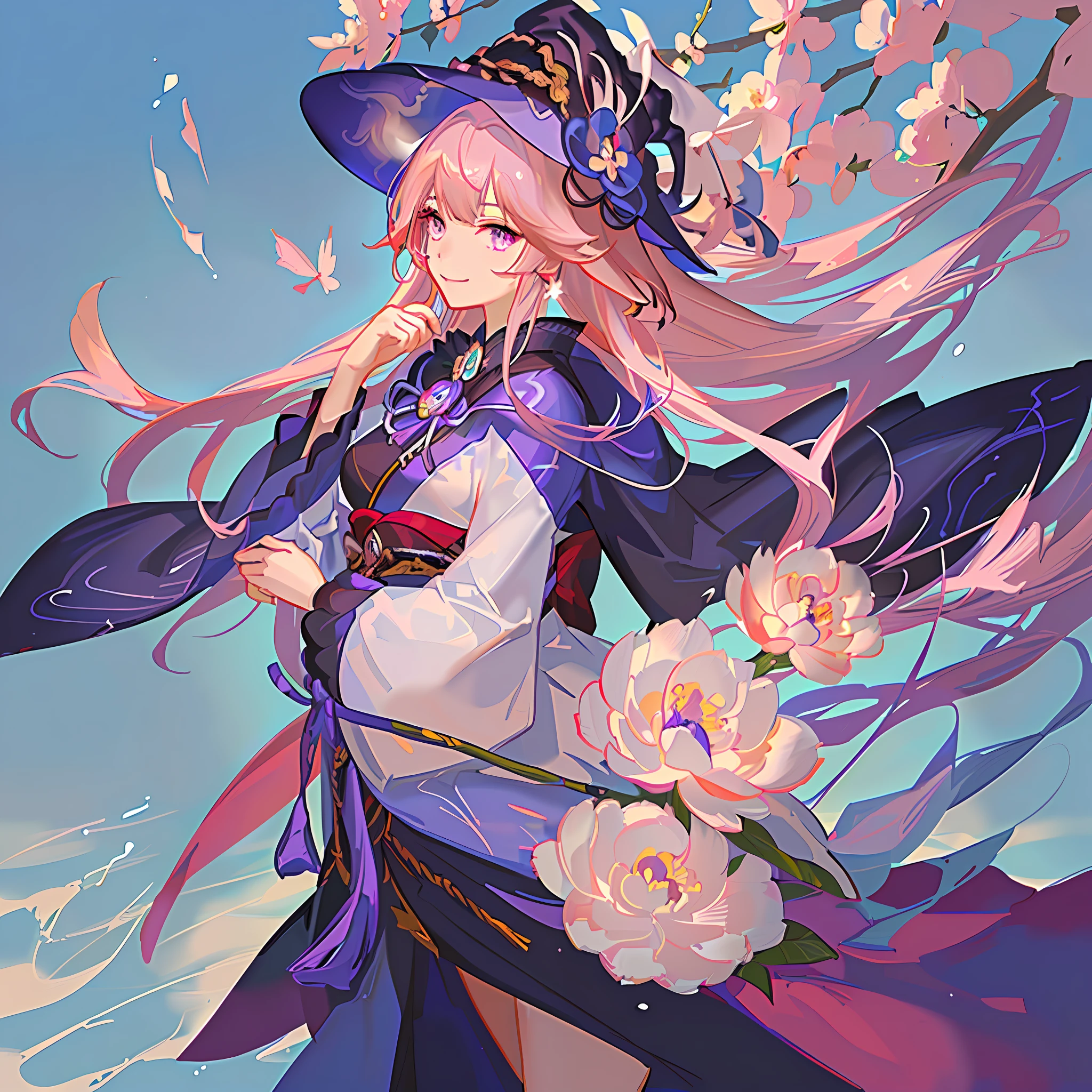Masterpiece, Best Quality, 1girl, Solo, Upper Body, Genshin Impact, Yae Witch, 1girl, Animal Ears, Branches, Breasts, Sakura, Shut Up, Cowboy Shooting, Earrings, Flower, Fox Ears, Japanese Costume, Jewelry, Long Hair, Looking at the Audience, Mid-Chest, Non-Traditional Witch, Outdoor, Pink Hair, Purple Eyes, Purple Flower, Ribbon Sleeves, Ribbon Trim, Side Hair, Smile, Solo, Wide Sleeves, Dynamic Pose, Genshin, Hidden Arms