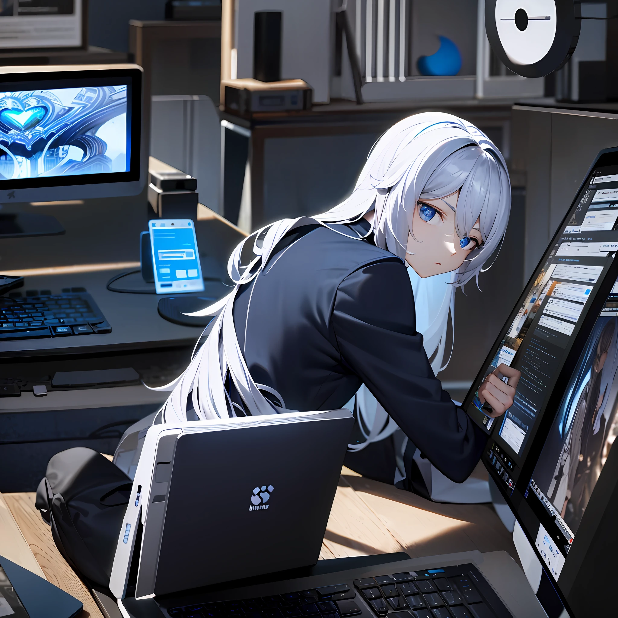 detailed background, masterpiece, best quality, 1 men,  silver hair, blue eyes, heart in eye, hair between eyes, room full of computers and laptops, computer, laptops, electronic, keyboard, mice, mouse, indoors, game's light impact on the face