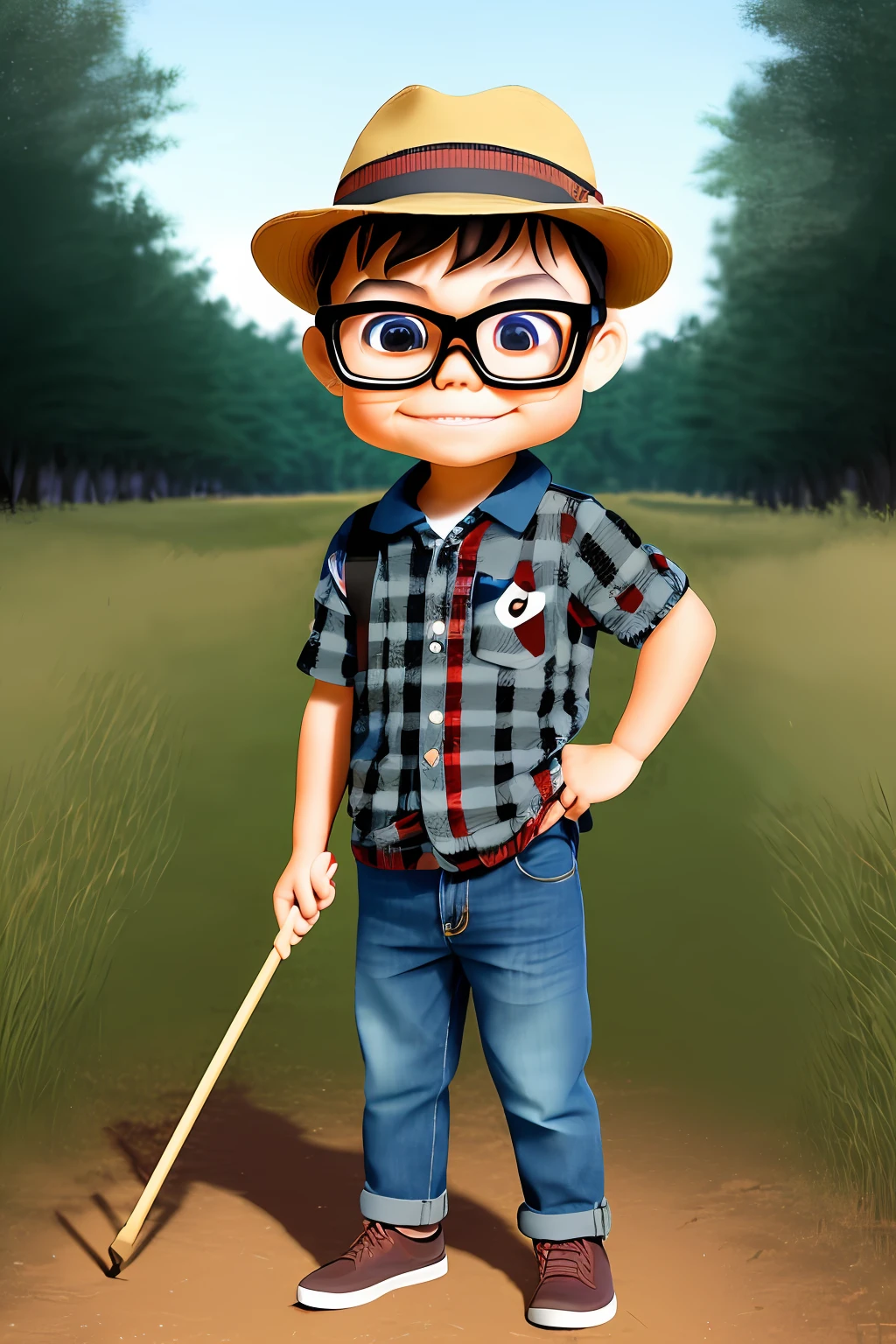 guttonerdinhop1, a drawing of a bespectacled 3--old wearing a knit plaid shirt, battered jeans with a straw hat, stands in front of a campfire. The scene takes place on a very dark night with starry skies on a farm. The drawing has traces by artist Alex Ross. Chibi style, detailed, unreal engine, depth of field, 8k