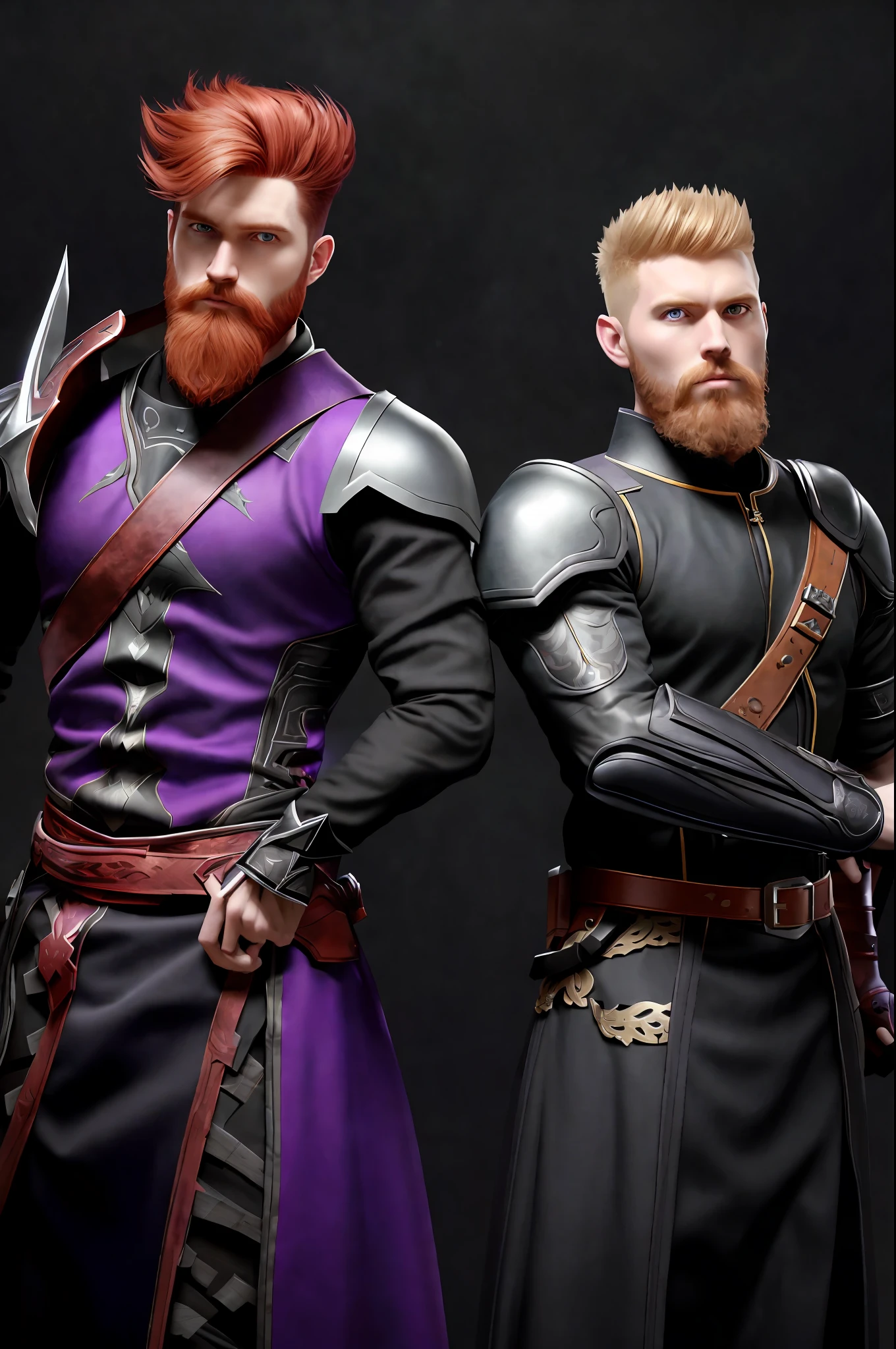 2 Males, back to back, redhead with bushy beard tall, blonde short, both purple sword, black background, 4k, full body in frame, hyper realistic, sharp details, sharp focus, octane render, cinematic, hyper realism, Intricate eyes, detailed eyes, perfect eyes, high quality eyes, intricate hands, sampling steps 20, both purple armor