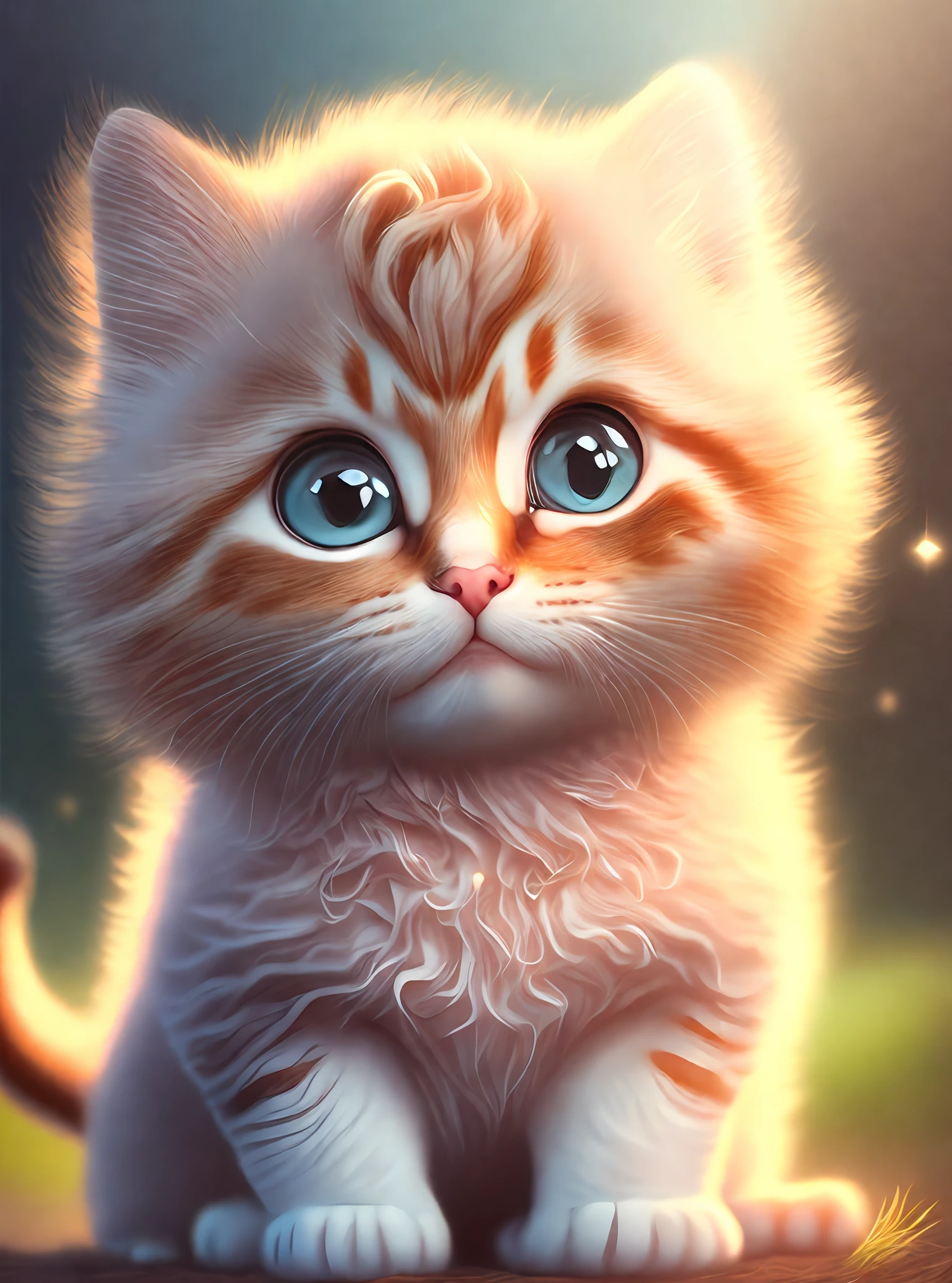 one happy cute cat, portrait, outdoors, background space, toon, pixar style, 3d, cartoon, detailed face, asymmetric, upper body