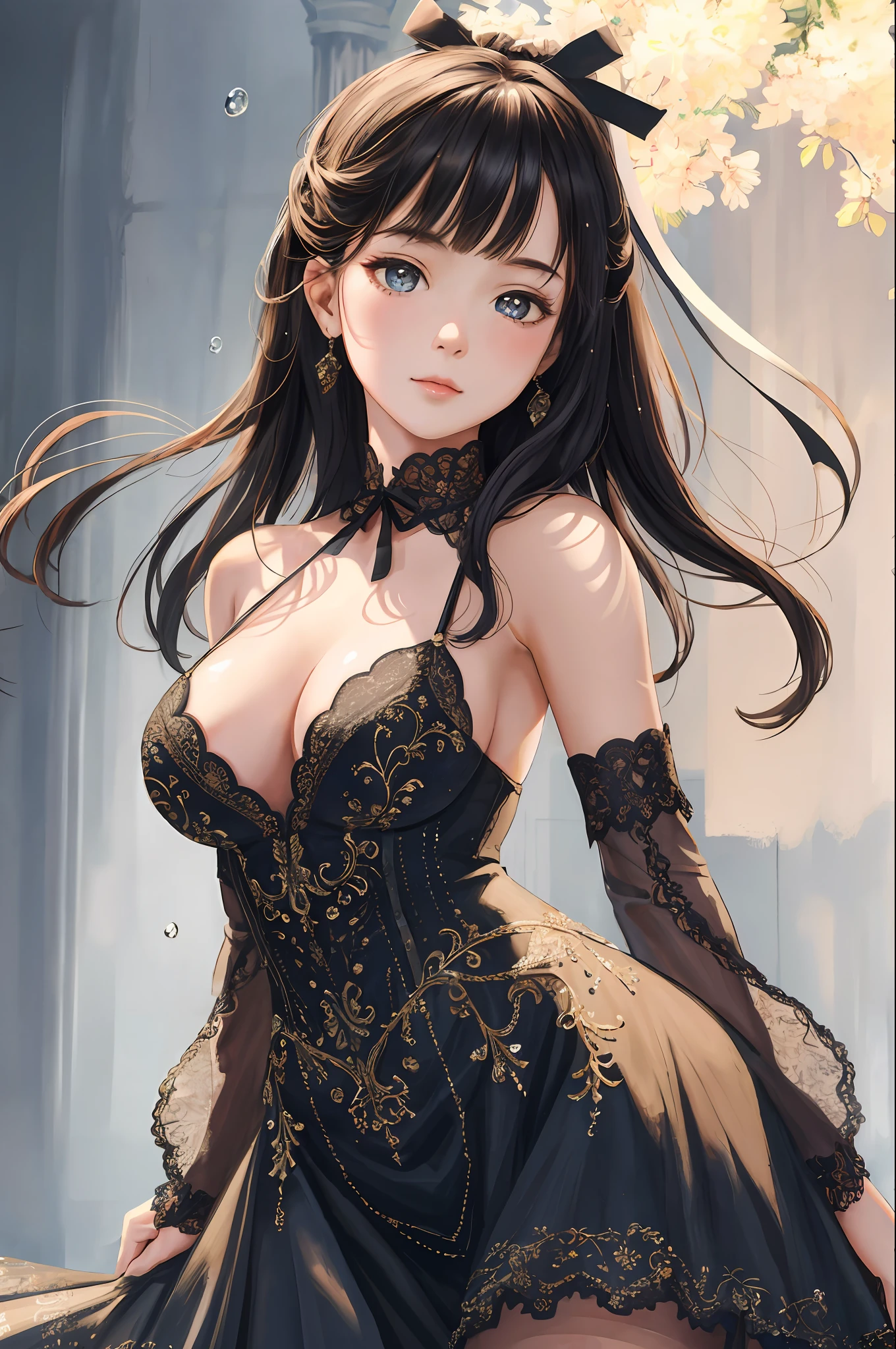 best quality, masterpiece, intricate detail, depth of field, highest quality, extremely detailed, high resolution, 4k, super high resolution, detailed shadows, surreal, realistic, dramatic lighting, 1girl, solo, detailed face, detailed eyes, realistic skin, narrow waist, dress, delicate pattern, delicate detail, ribbon, dynamic pose, splash color, off-the-shoulder, stockings, focus on face