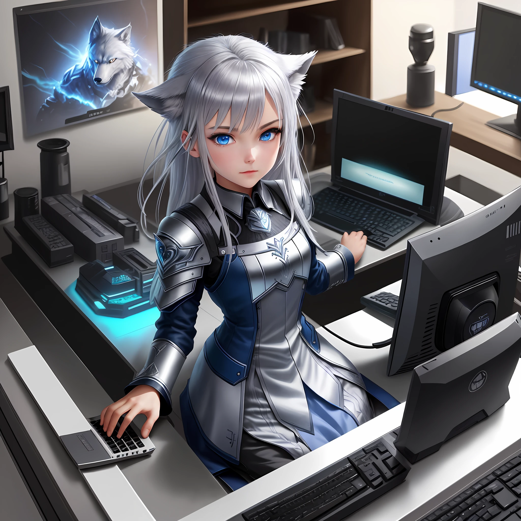 detailed background, masterpiece, best quality, 1 person, silver hair, blue eyes, heart in eye, wolf cut hairstyle , sit on gaming table computers and laptops, game's light impact on the face, besides have a shelf or figure showcase,