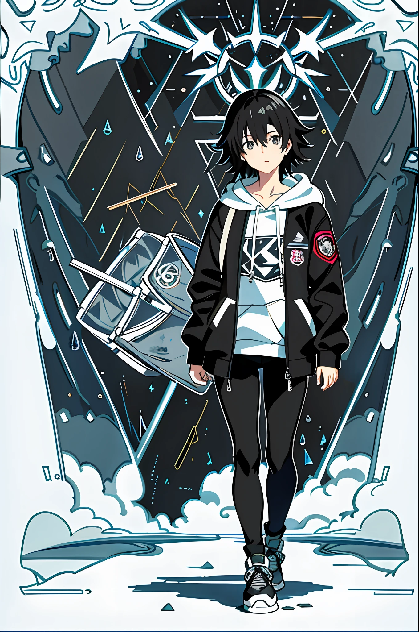 1girl, jacket, rain, outdoor, hoodie, open jacket, chain, backpack, looking at another, messy hair, trending on artstation, 8k resolution, highly detailed, anatomically correct, sharp image, digital painting, concept art, trending on pixiv, style of makoto shinkai,