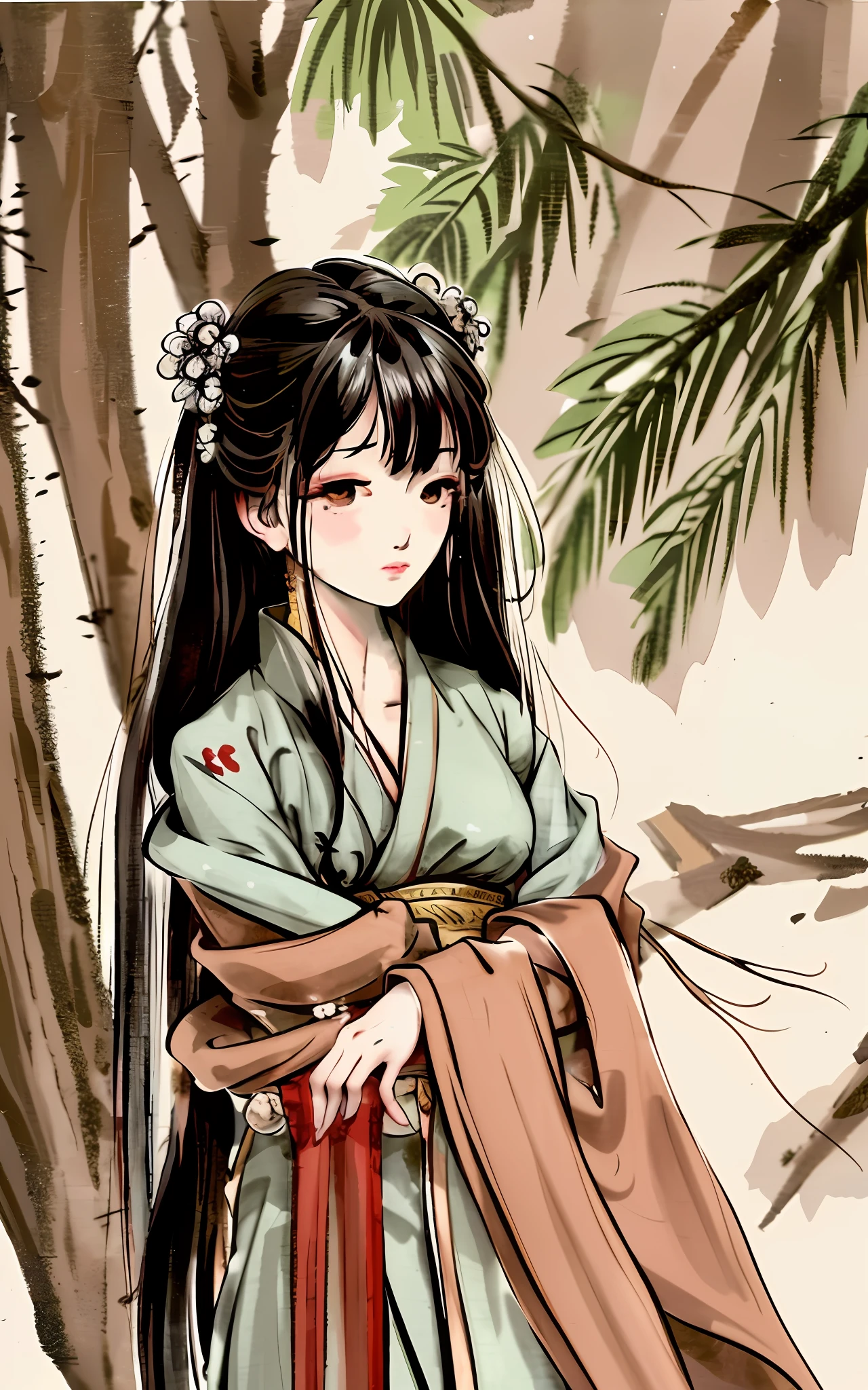shukezouma, negative space, , shuimobysim , portrait of a woman standing , willow branches, (masterpiece, best quality:1.2), traditional chinese ink painting, modelshoot style, peaceful, (smile), looking at viewer, wearing long hanfu, hanfu, song, willow tree in background, wuchangshuo,