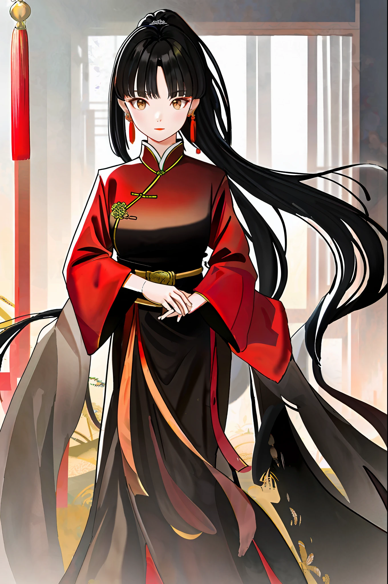 Onigu Ba Yellow, 1girl, Chinese style, accessories, dress, black hair, national uniform, black background, bracelet, red dress, lookout, beautiful breast, red lips, simple background, raw edges, brown eyes, wide sleeves, earrings, upper body, long sleeves, belt, closed mouth,