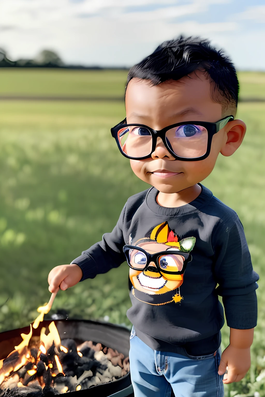 guttonerdinho01, In the scene, a 3--old  is depicted wearing glasses and dressed in a cozy knit plaid shirt and worn jeans. He sports a straw hat on his head, adding to his adorable, rustic appearance. The setting is a farm, where the boy is positioned in front of a crackling (((campfire)).

The scene takes place in a (((dark night))), with a sky full of twinkling stars. The darkness creates a warm and mysterious atmosphere, contrasting with the bright glow of the fire. The stars shine brightly, illuminating the surrounding landscape. The scene takes place in an open field, with hints of farm structures in the background.

The drawing style is chibi, characterized by exaggerated and cute proportions. The influence of the artist, Alex Ross, is evident in the attention to detail and unique interpretation of the characters. Unreal Engine is a powerful graphics engine that can be used to create immersive, high-quality visual experiences.