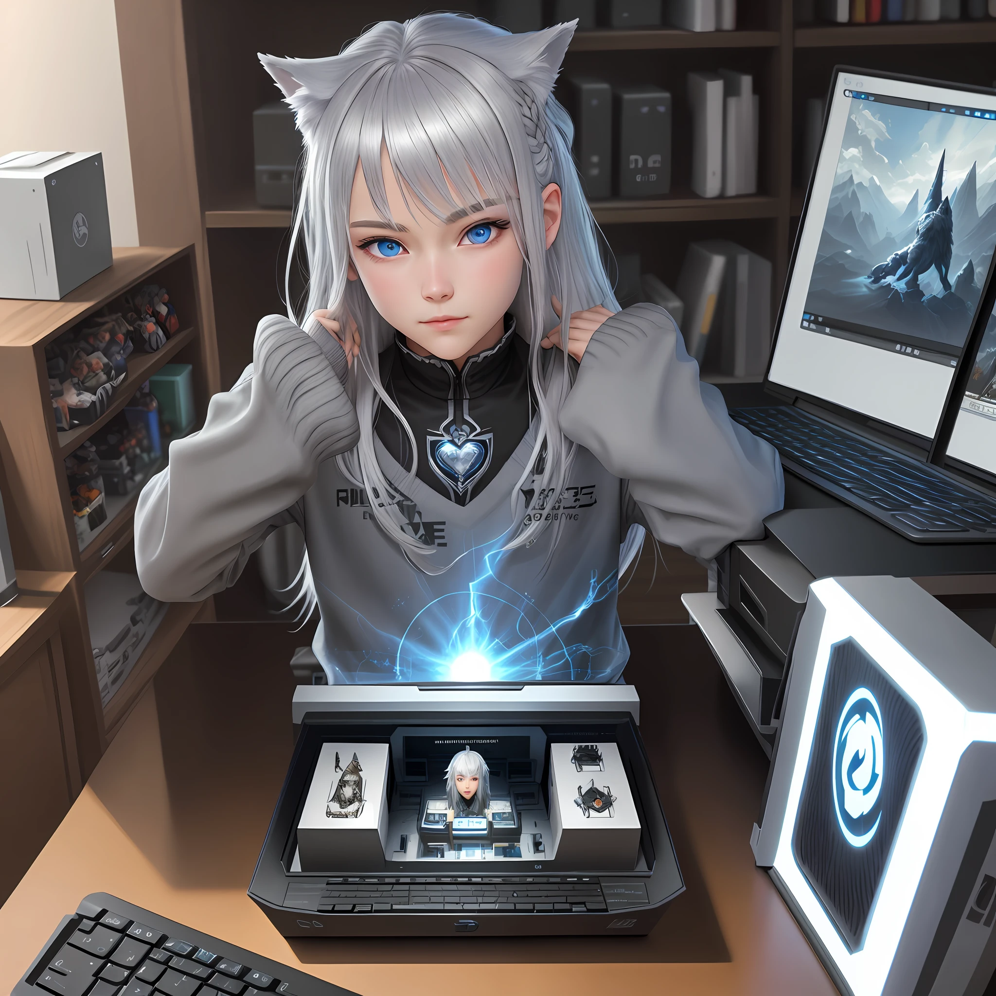 detailed background, masterpiece, best quality, 1 person, silver hair, blue eyes, heart in eye, wolf cut hairstyle , sit on gaming table computers and laptops, game's light impact on the face, besides have a shelf or figure showcase,streaming game, live gaming